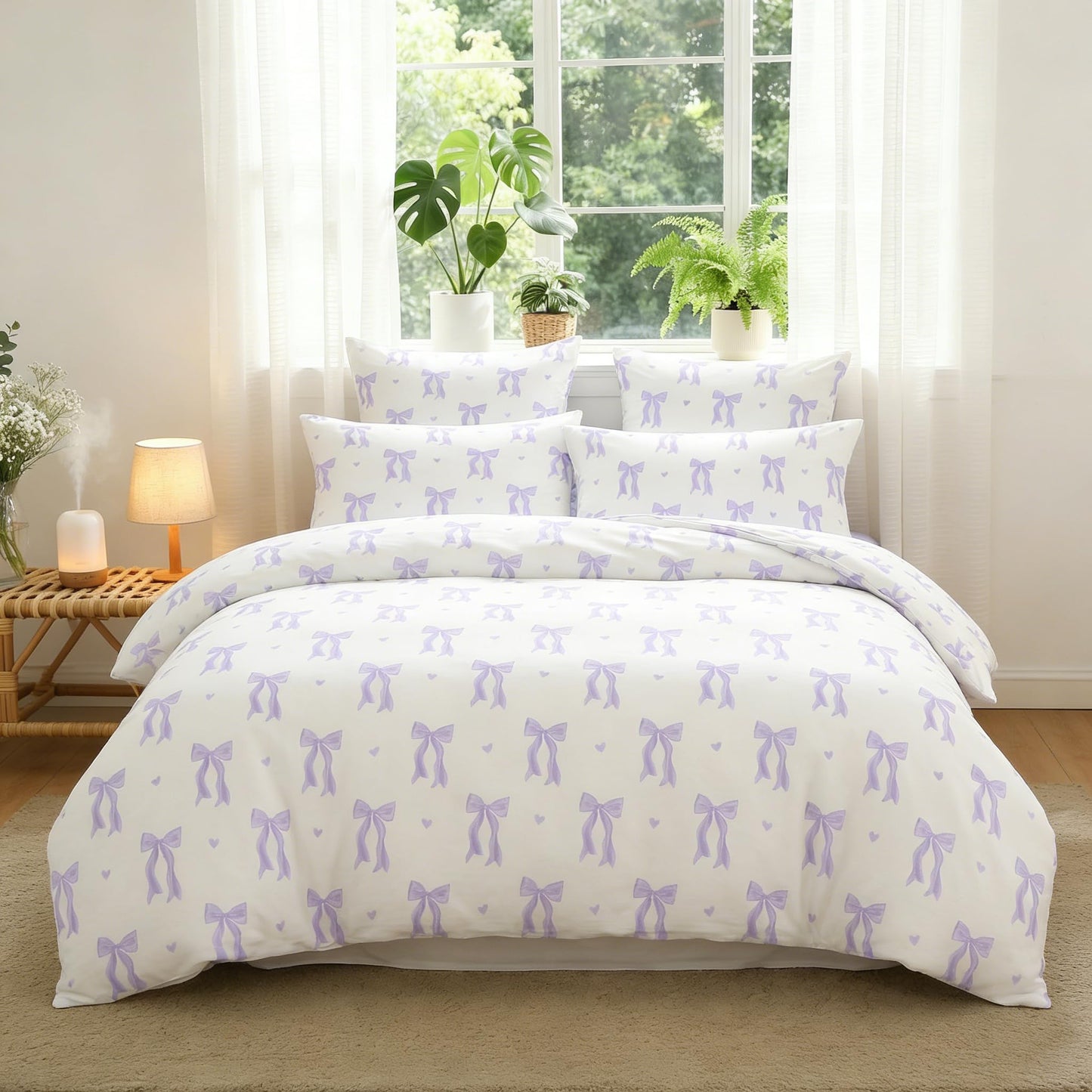 Sedefen Purple Bow Duvet Cover, 3 Pieces Cute Heart Pattern Bedding Set, Reversible Coquette Aesthetic Bowknot Love Printed Duvet Cover Set for Girls Bedroom, All Season