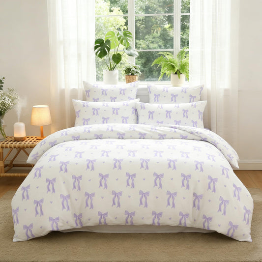 Sedefen Purple Bow Duvet Cover, 3 Pieces Cute Heart Pattern Bedding Set, Reversible Coquette Aesthetic Bowknot Love Printed Duvet Cover Set for Girls Bedroom, All Season