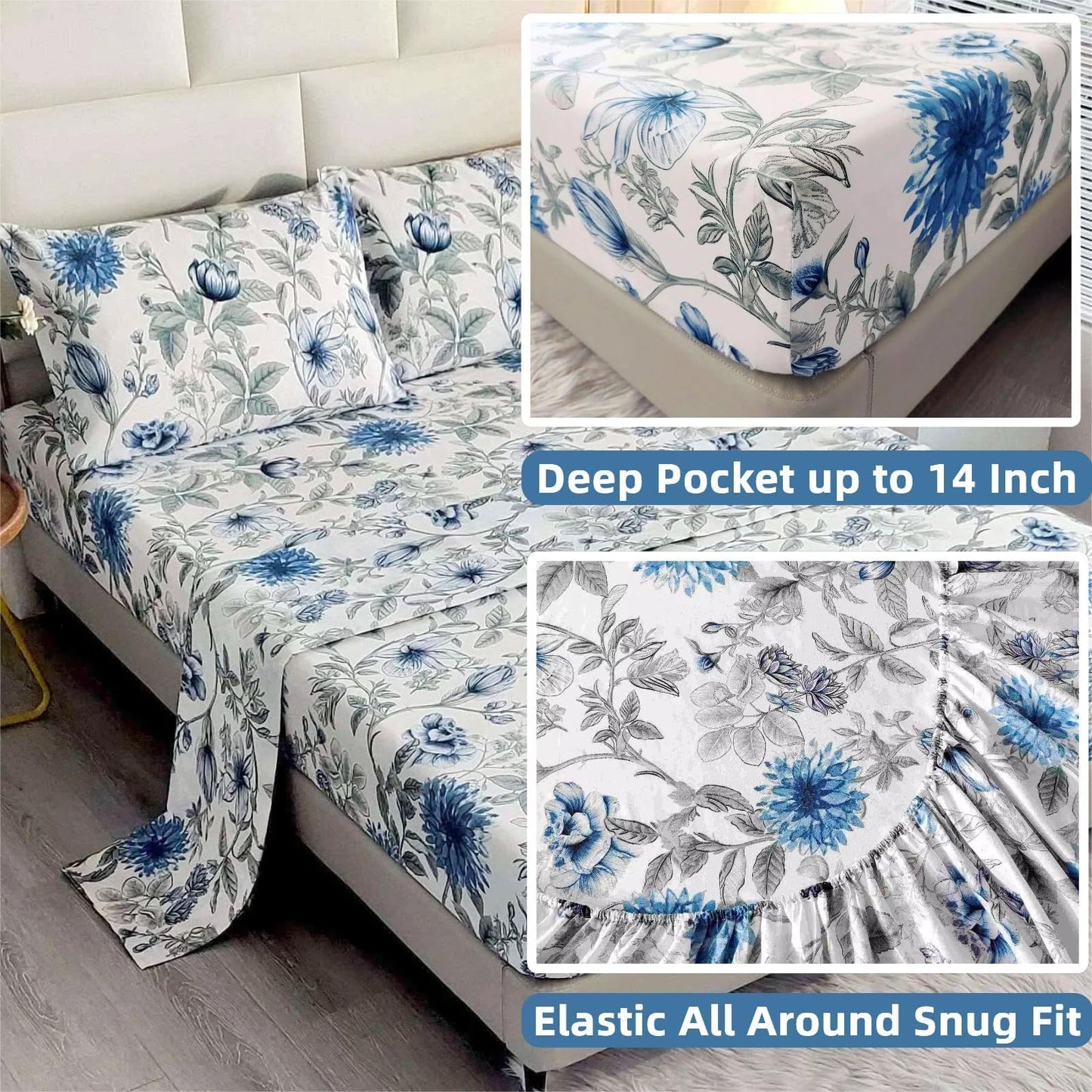 SDIII Blue Floral Full Fitted Sheet with 2 Pillowcases, Deep Pocket Soft Microfiber Full Size Bed Sheets Floral Blue All Season
