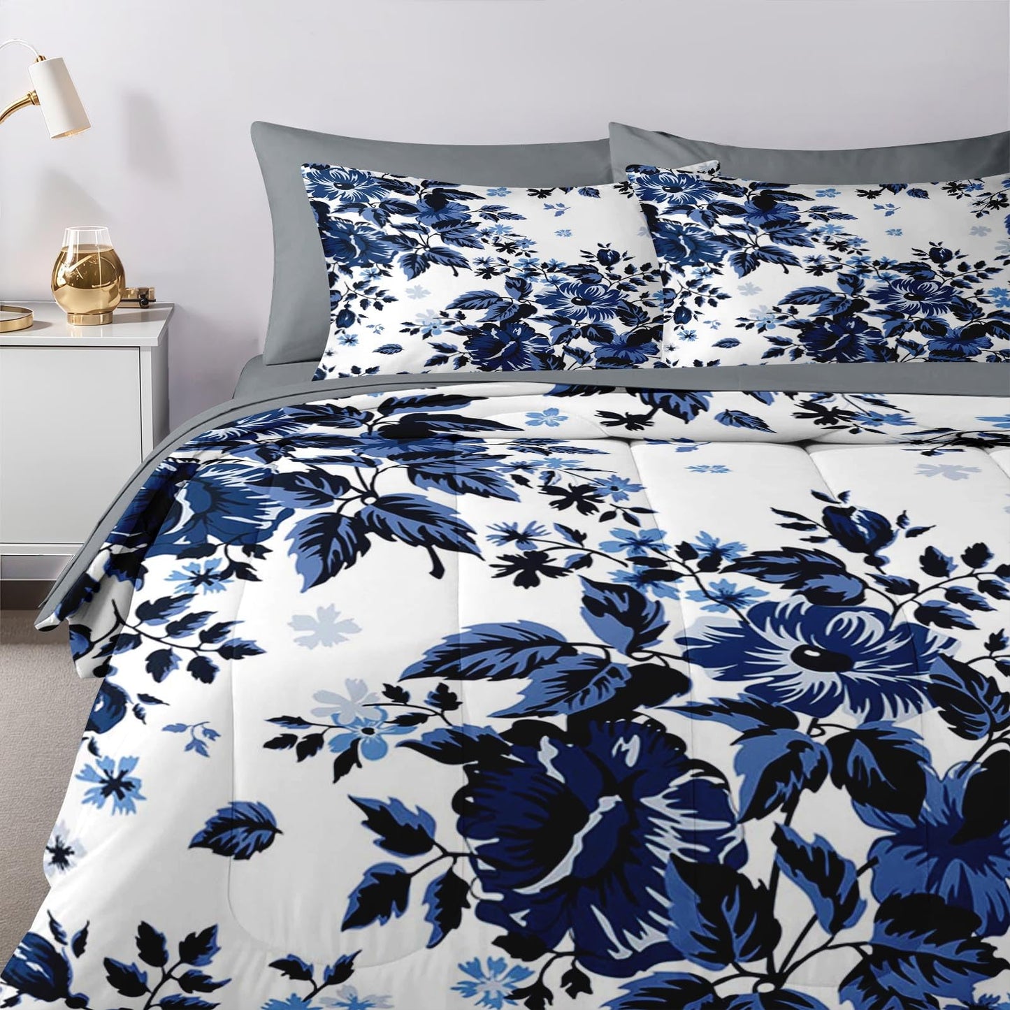 Nesker Comforter Set Full Size, Spring Floral Navy Blue 7 Pcs Bedding for Kids and Adults, Flower Modern Classic Bed Sheet Sets with Fitted Sheet 2 Pillowcases & 2 Shams