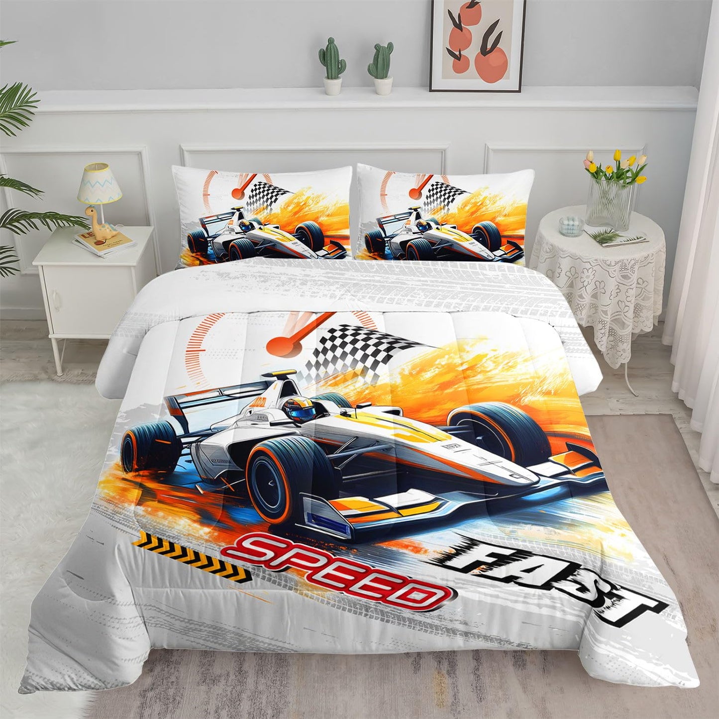 Smell Sunshine Racing Car Comforter Set Extreme Sports Printed Bedding Set with 1 Comforter and 2 Pillowcases for Boys and Girls Bedroom All Season(Car Twin)