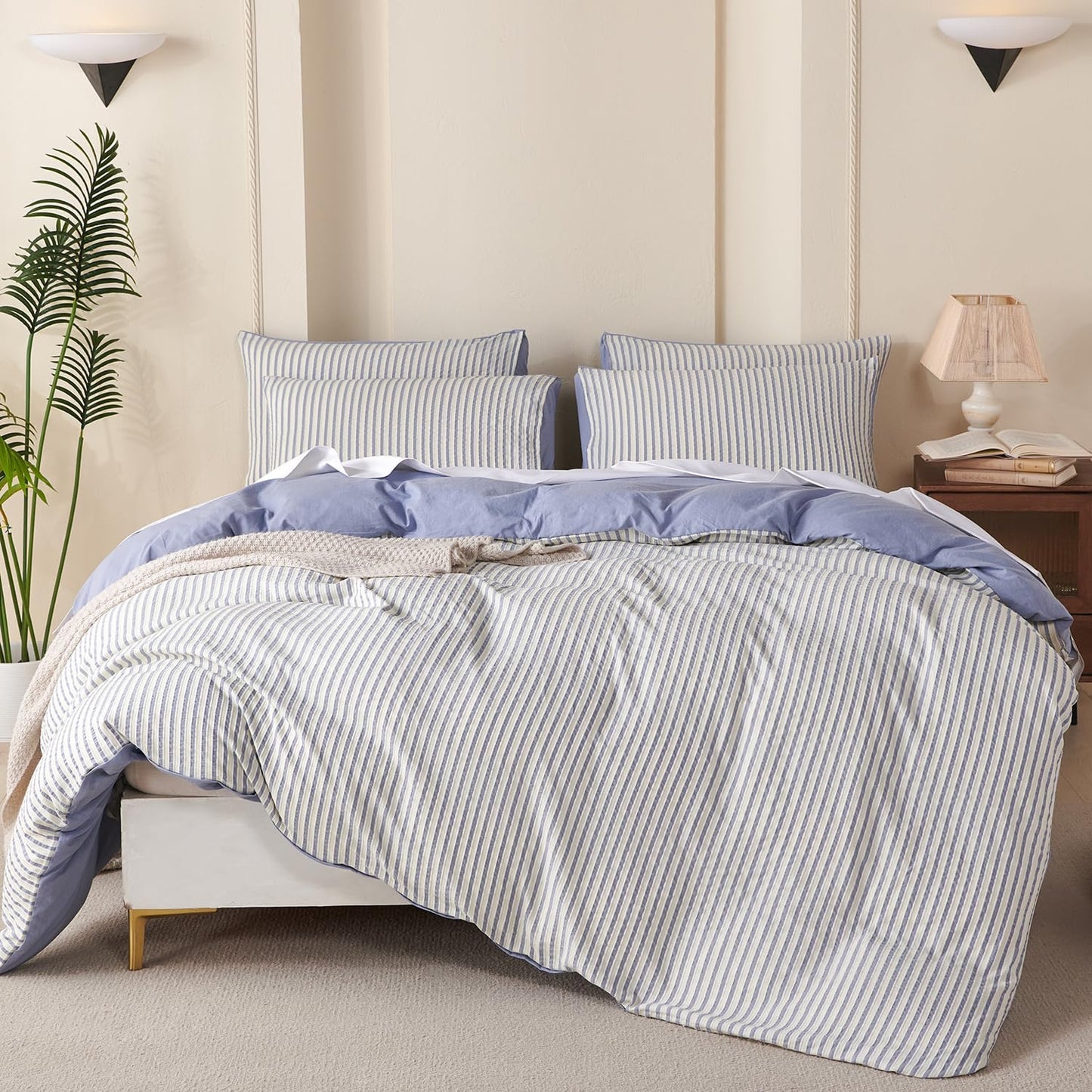 BUPIRD Comforter Set Queen Striped Blue 100% Soft Washed Microfiber Jacquard 3 Pieces Striped Bedding Sets Blue White Comforter for All Seasons and 2 Pillowcases Comfort Breathable