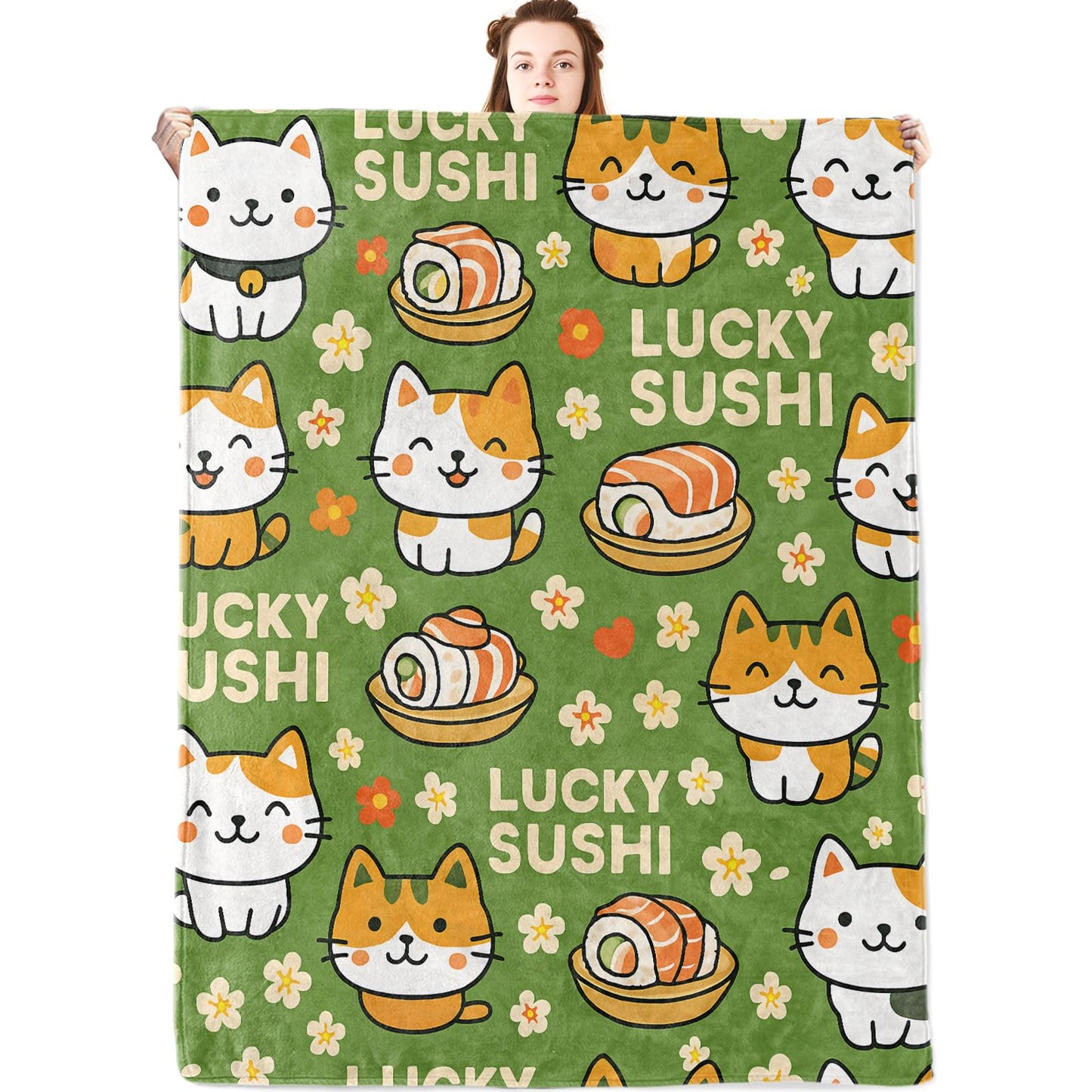 jwyta Sushi and Cat Flannel Blanket,Green Background Throw with Cute Kitten,Japanese Food and Floral,Lightweight Fleece Blankets for Animal Lover,Couch,Cabin,Bed,Camping Decor Gifts,60x50in