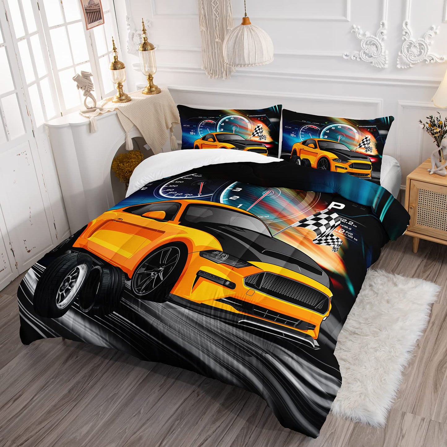 Axolotl Race Car Bedding Set Twin Size, Boys Extreme Sports Comforter Set for Kids Boys Car Racing Gifts, Yellow Cool Comforter Sports Quilt Set 1 Quilt with 2 Pillowcase