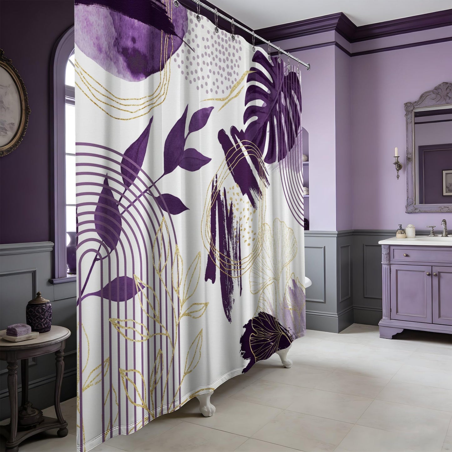 soeeao Dark Purple Shower Curtain Plum Purple and White Mid Century Modern Shower Curtains for Bathroom Decor, Waterproof Cloth Fabric with Hooks, 70" W x 72" L
