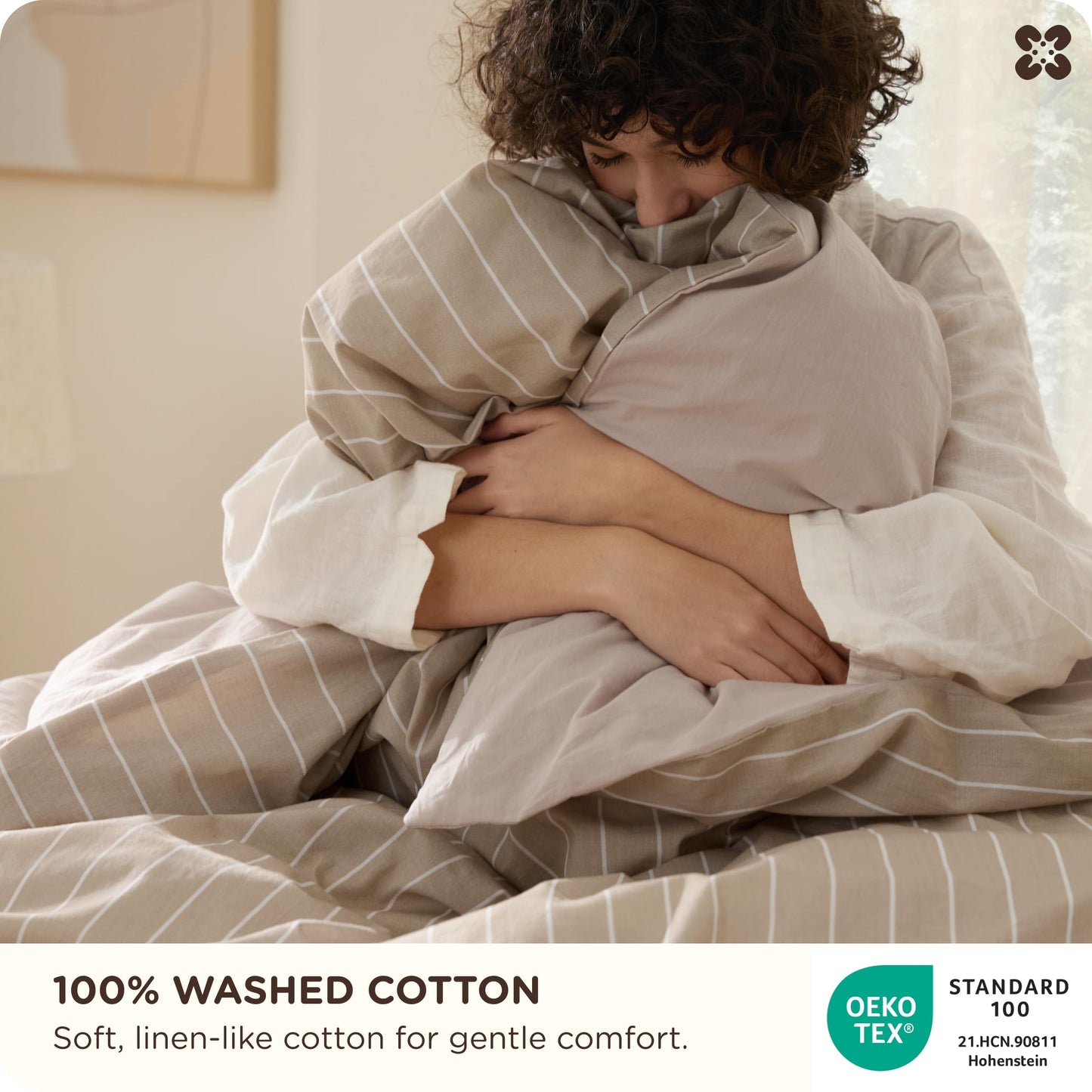 Bedsure Striped Duvet Cover Queen Size, 100% Washed Cotton PureWoven Duvet Cover Linen Like Textured, Classic Striped Pattern Enhances Bedroom Comfort and Style, Stripes Tan/White, 90"x90"
