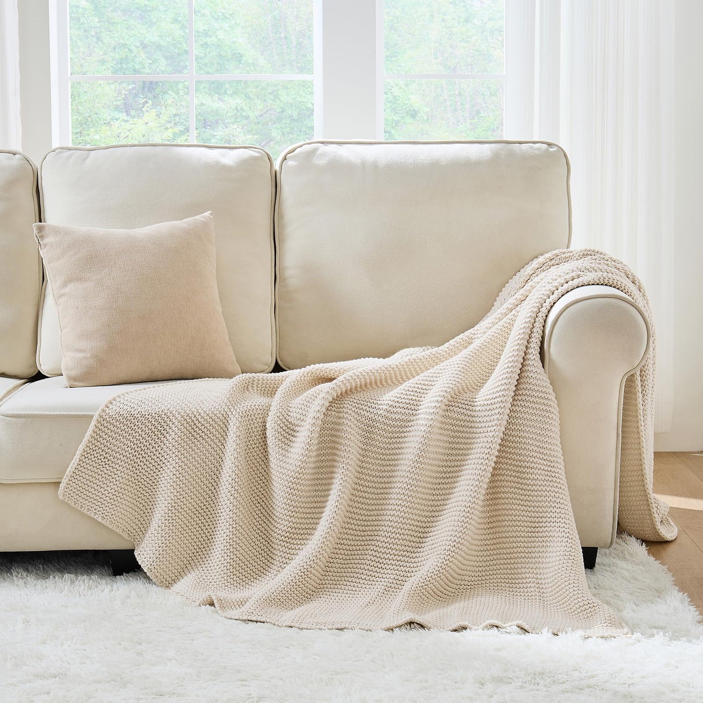 Cable Knit Throw Blanket for Couch, Beige Throw Blanket, Soft Cozy Stretchy Reversible Garter Knitted Blankets for Bed, 50"x60", Light Beige