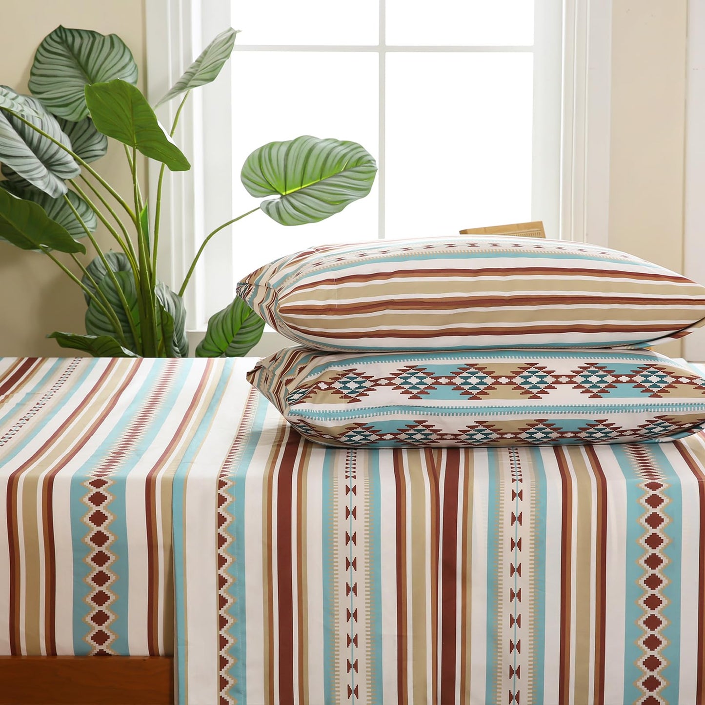 CozySmile 4 Pieces Queen Sheet Set Bohemian, Boho Sheets Soft Microfiber Deep Pocket, Western Sheets Geometric(Queen, Colorful Striped)
