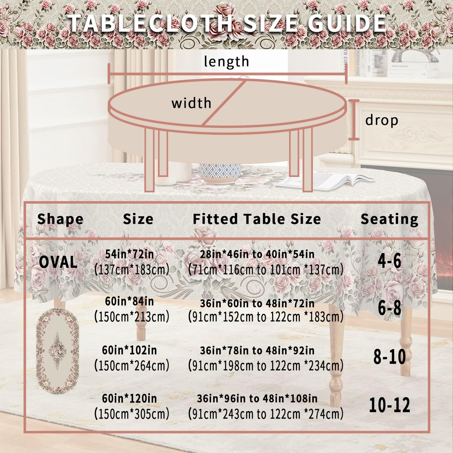 Faptoena Oval Floral Tablecloth 60×84 inch Rose Gold Table Cloth Modern Minimalist Style Decorations for Dining Room Coffee Table Outdoor Picnic