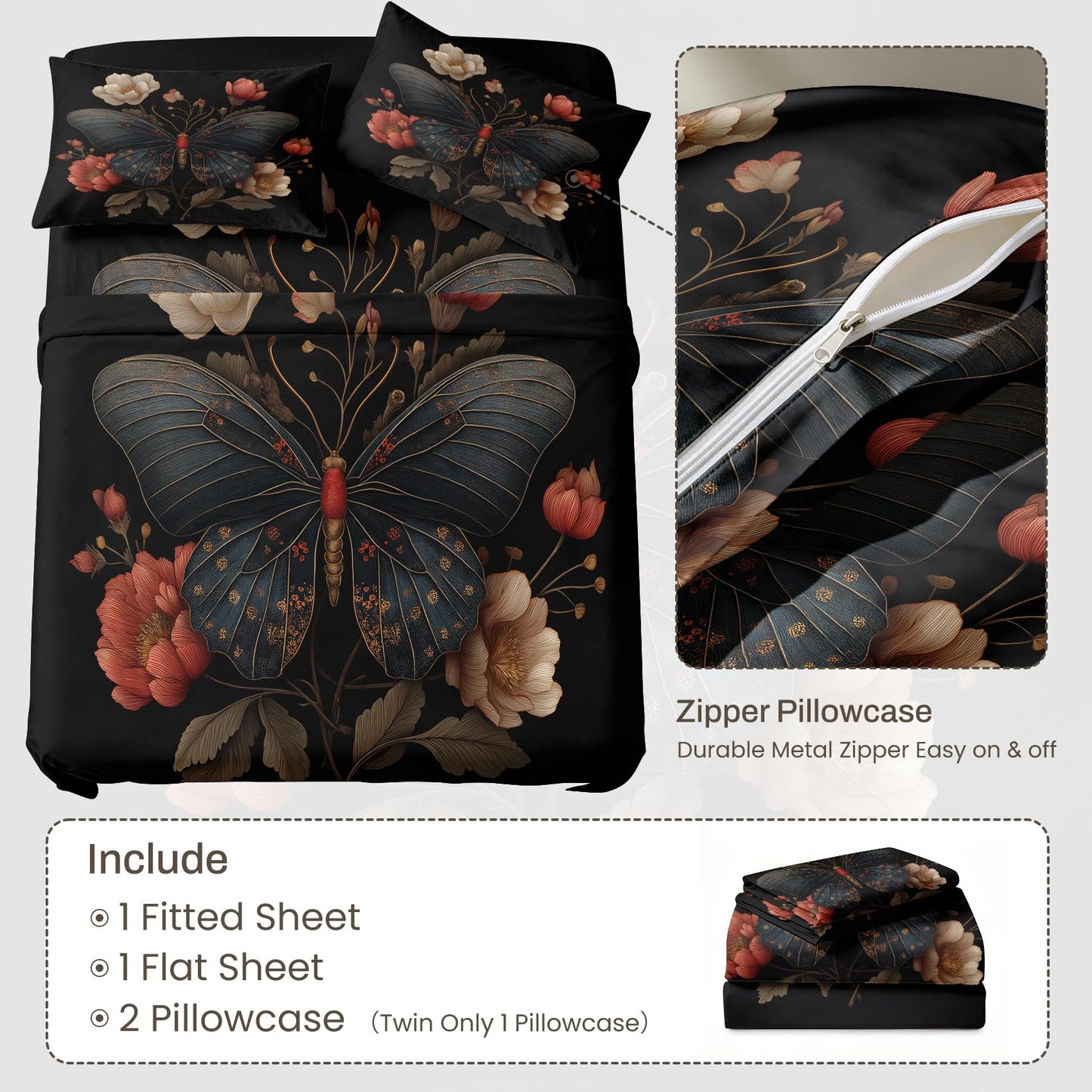 Butterfly Sheet Set, 4 Pcs King Size Moth Aesthetic Bed Sheets