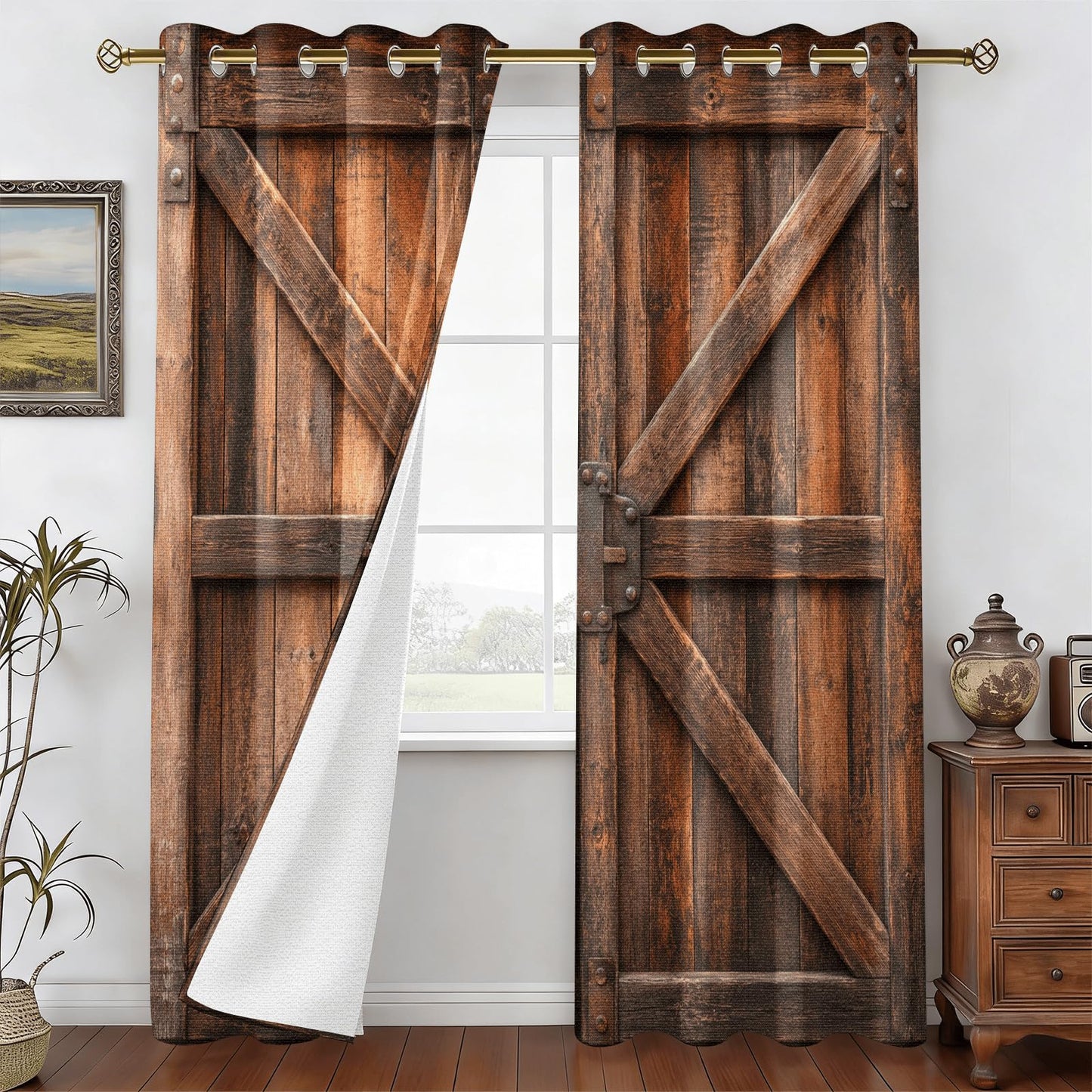 Warm Brown Rustic Barn Door Blackout Curtains, Vintage Wooden Texture Grommet Top Window Drapes, Thermal Insulated Room Darkening Curtains for Bedroom Farmhouse Cabin, 2 Panels Set, 29.5"W x 63"L
