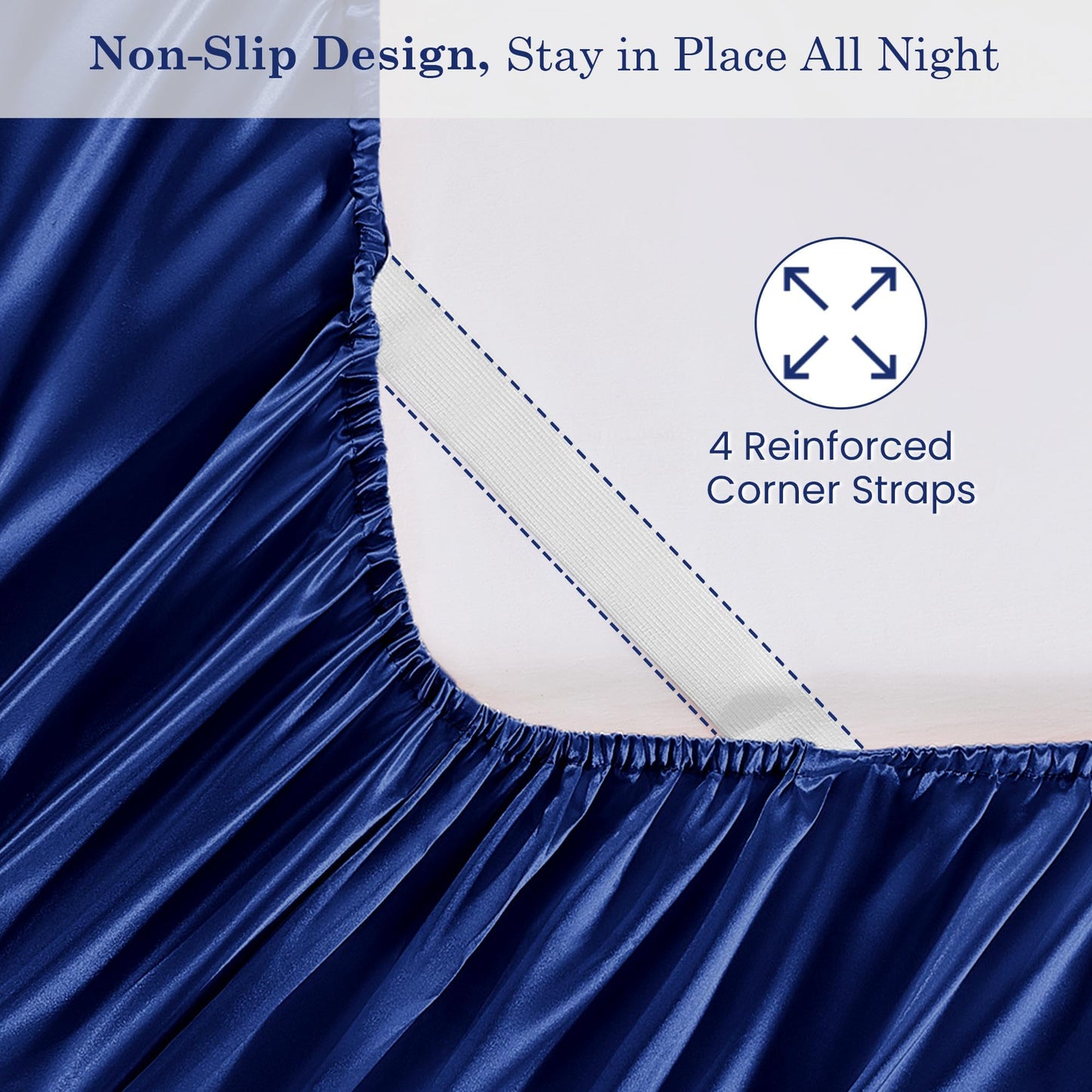 lasoftan Silk Satin Sheets Queen, Silky Fitted Bed Sheets with 15" Deep Pocket and Non-Slip Corner Straps, Luxury Hotel Satin Bed Sheets, Navy Blue Cooling Sheets & Pillowcase Set