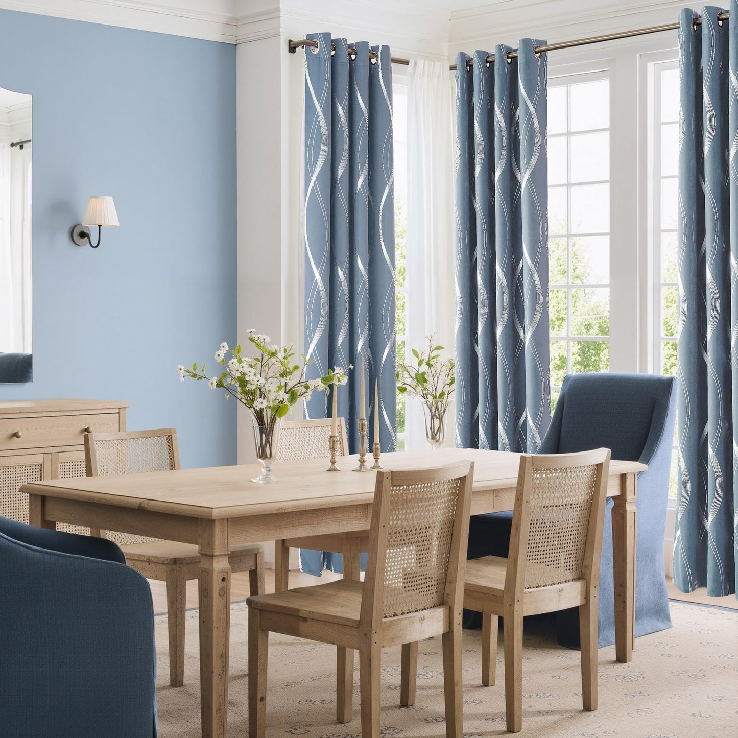 NICETOWN Dusty Blue Patterned Stripe Curtains for Bedroom and Patio, W52 x L84 inch, Wave Line Foil Print Design Morden Home Decor Room Darkening Drapes Room Divider, 2 Panels