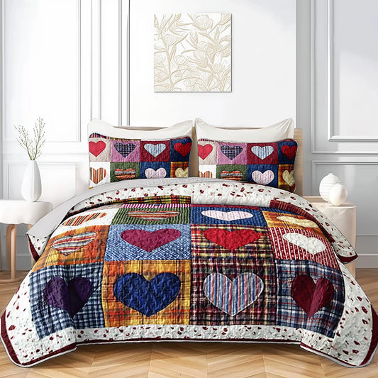 XYNHML Colorful Heart Printed Quilts Bedding Full 3Pcs Love Plaid Stripes Pattern Bed Set Retro Patchwork Lightweight Soft Bedspread Coverlet with 2 Pillowcases for Kid Boy Girl Teen Adult Bed Decor