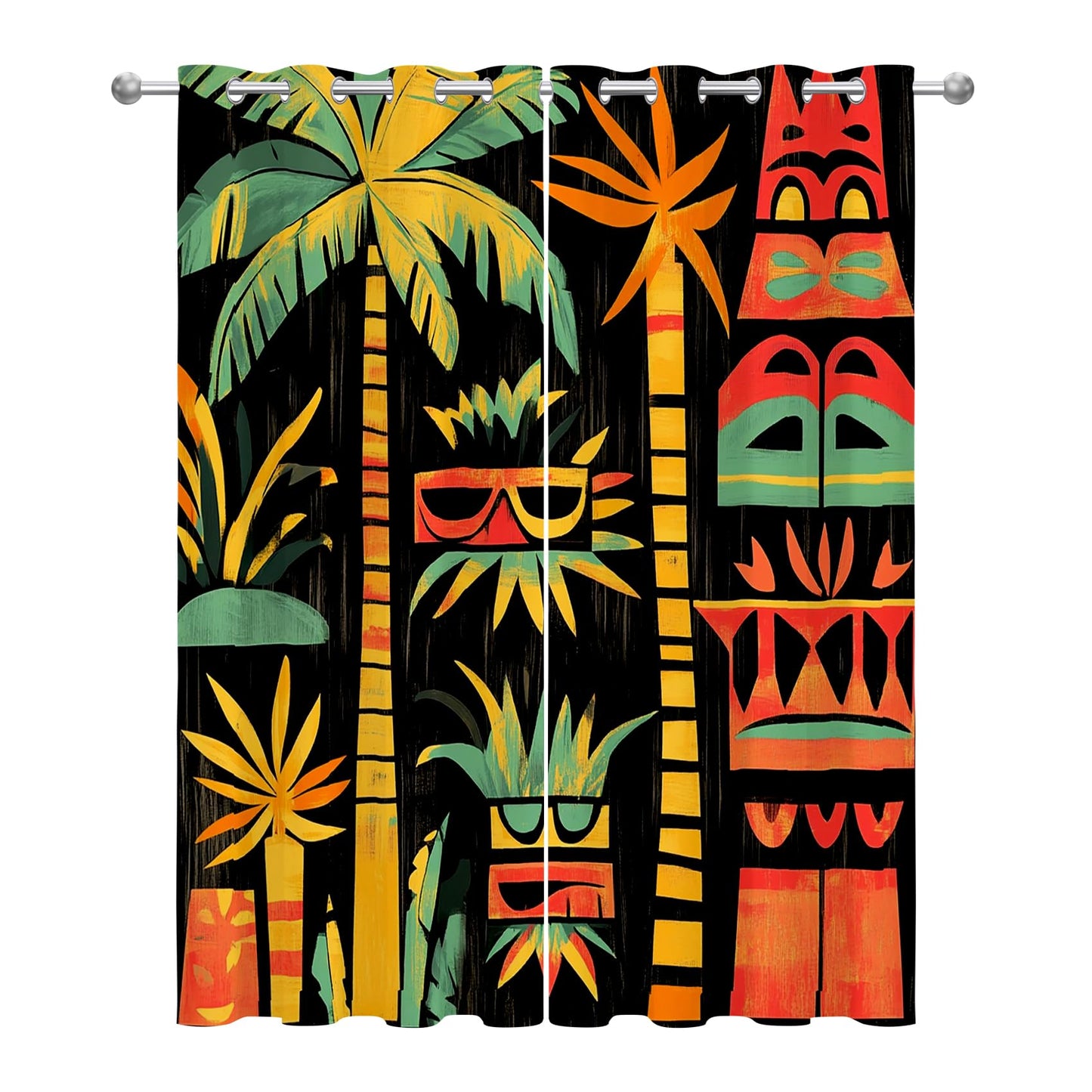 Solvivae Tropical Blackout Curtains for Bedroom Living Room, Palm Tree Tiki Mask Hawaiian Patterned Window Treatments, Room Darkening Thermal Insulated Grommet Drapes, 54 Inch Curtains 2 Panel Set