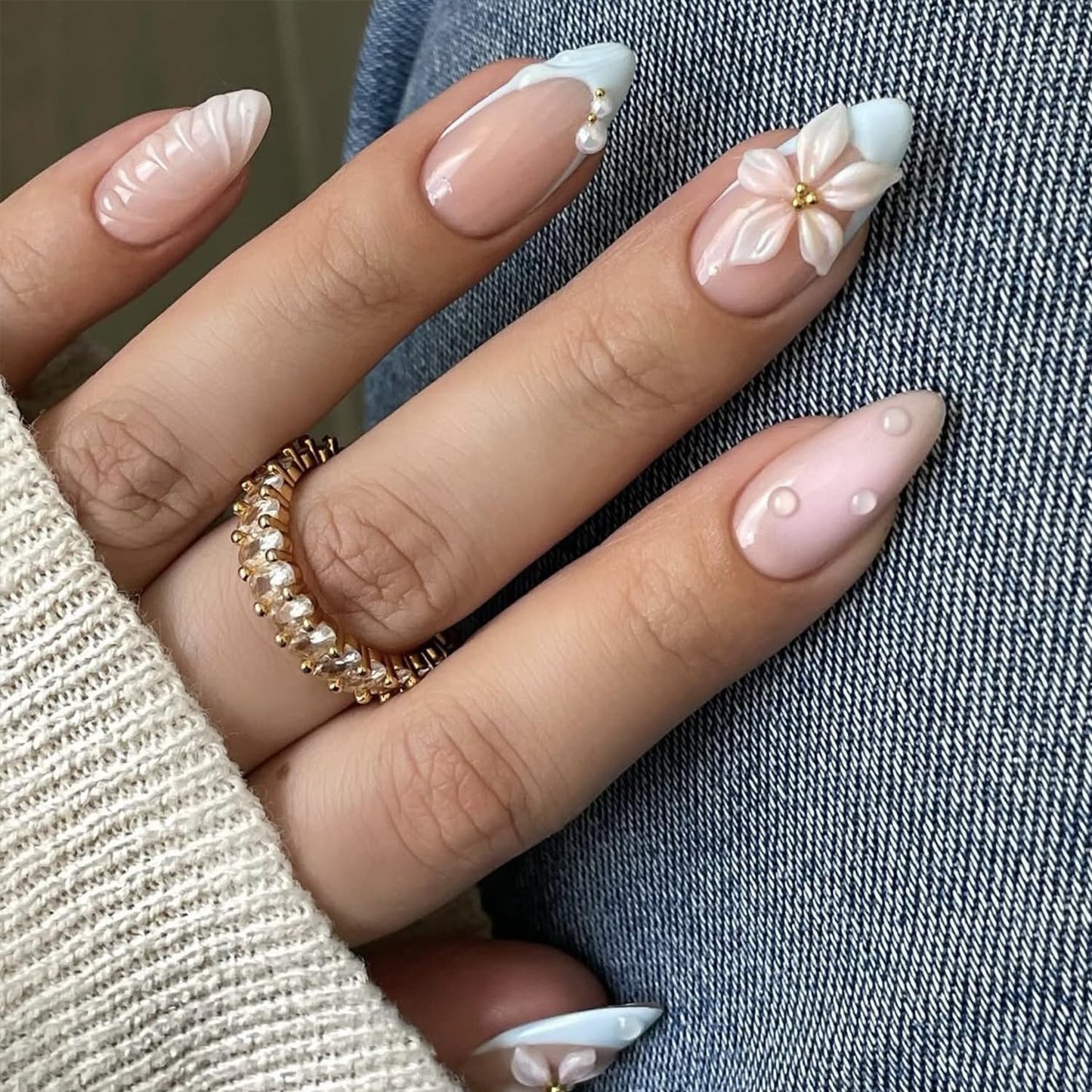 24Pcs Blue French Tip Press on Nails Almond Medium Fake Nails 3D Flower False Nail with Designs Full Cover Embossed Flower Nails Press ons Spring Summer Acrylic Nail for Women DIY Manicure Decoration