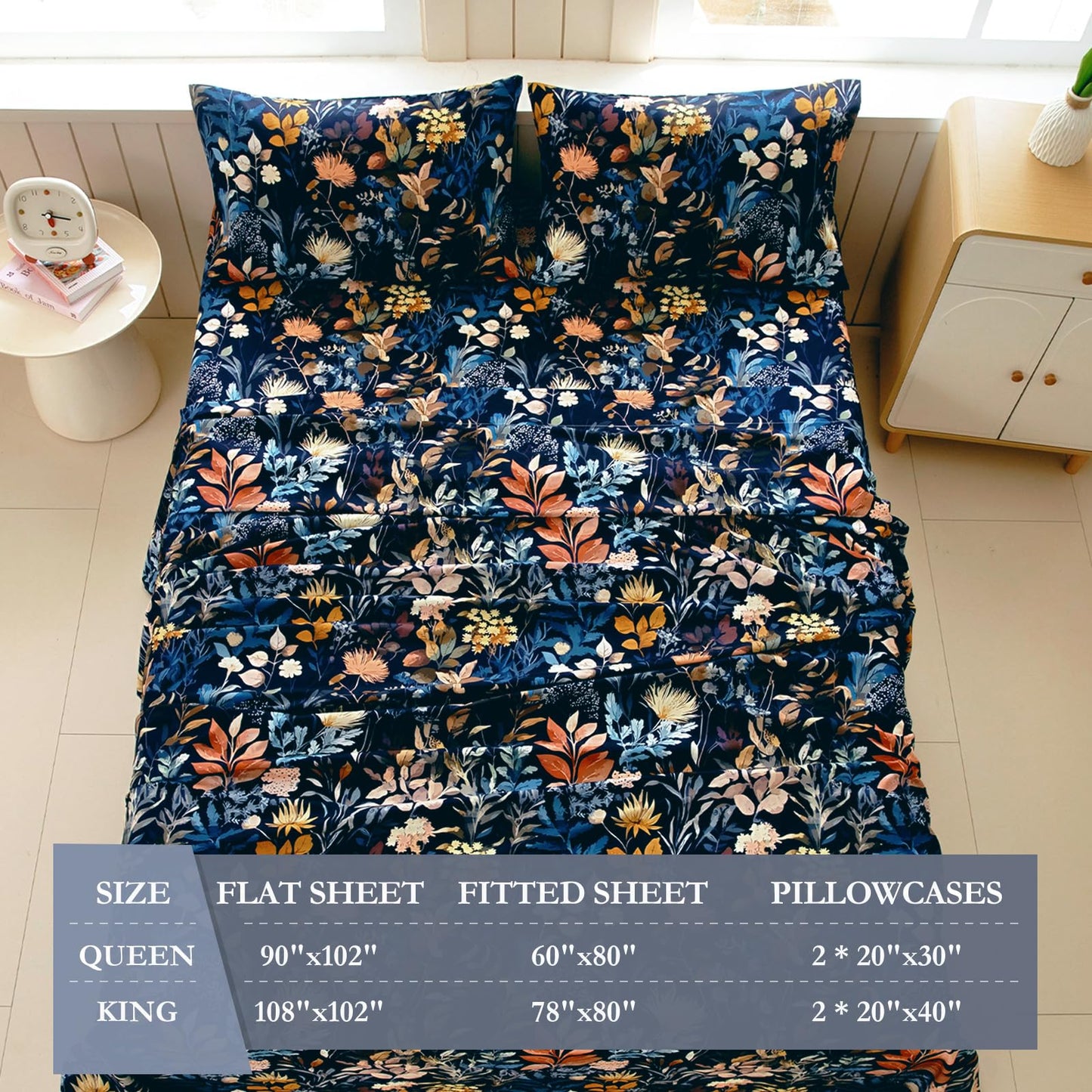 MICORAL Boho Floral Queen Sheet Set, 4-Piece Printed Botanical Bed Sheets, 16" Deep Pocket, Ultra Soft & Cooling Sheet, Oeko-TEX Certified, Midnight Blooms