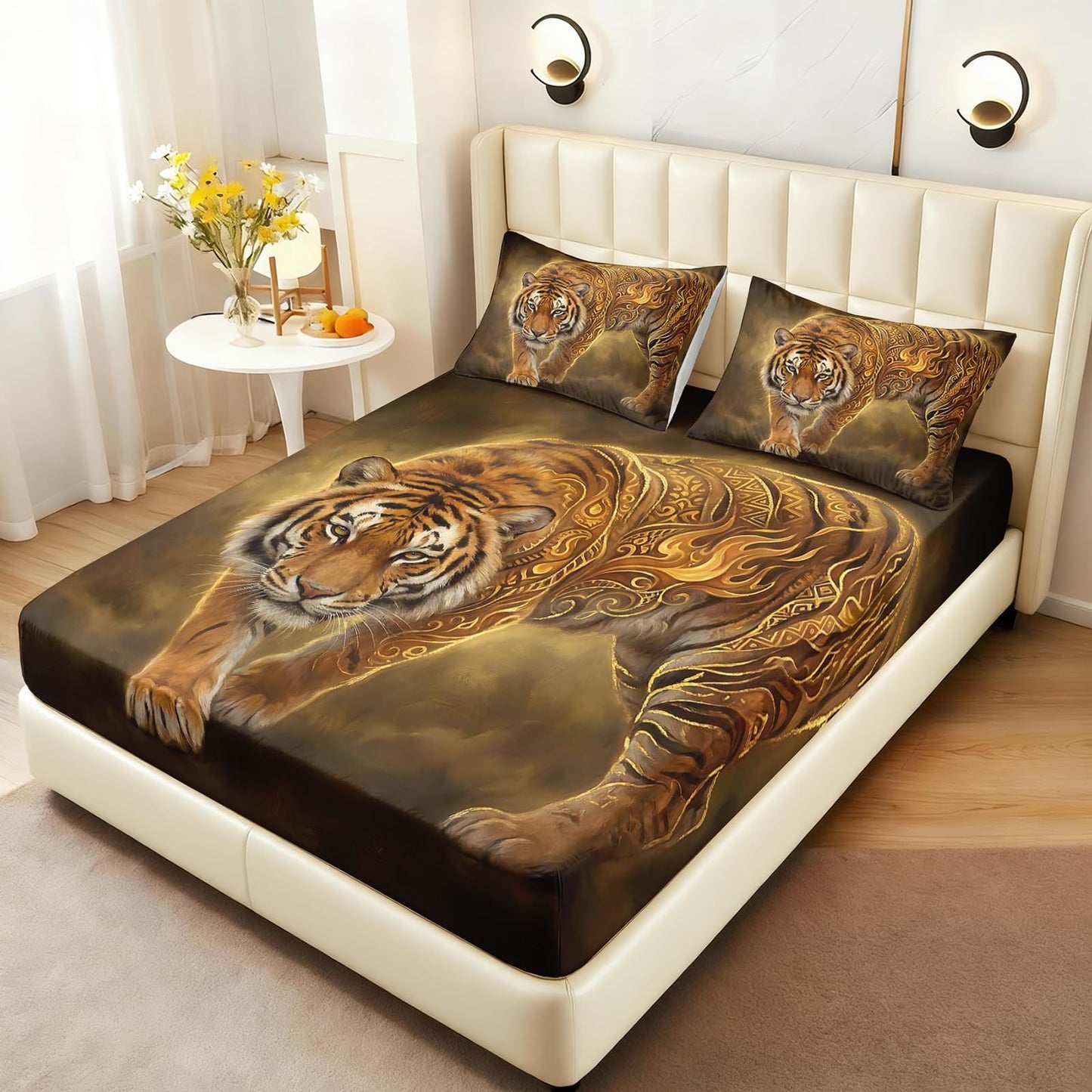 AILONEN Tiger Stripe Twin XL Fitted Sheet Set, Golden Smoke Printed Bedding with 2 Pillowcases, 16 Inch Pocket, Student Apartment Bedroom