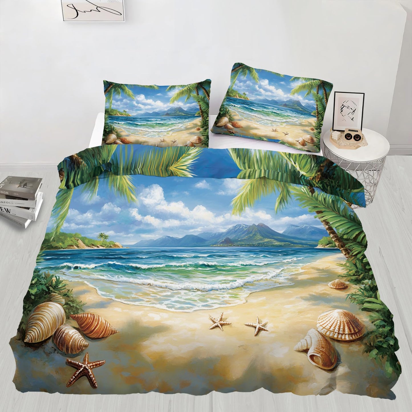 GKPLY Tropical Beach Bedding Comforters, Palm Tree Ocean Duvet Cover, Coastal Seascape Comforter Set, Reversible Print - Vacation Reversible Print Bedding Duvet Cover & 2 Pillowcases California King