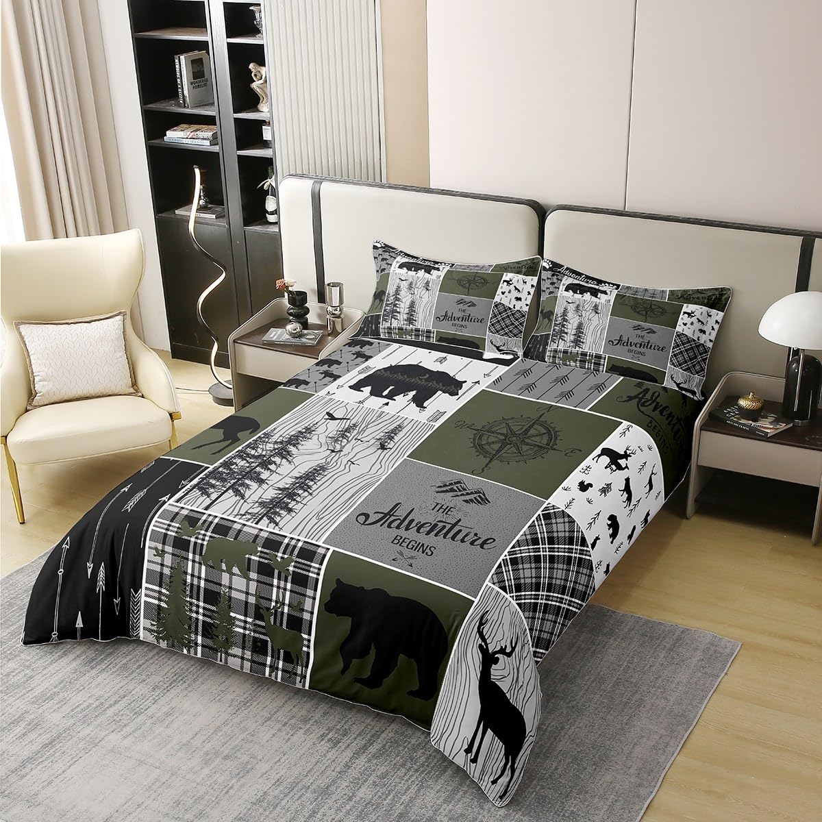 Erosebridal Retro Farmhouse Cabin 100% Cotton Duvet Cover Queen Size Rustic Bear Deer Bedding Set for Boys Teens Adult Bedroom Camping Lodge Decor Comforter Cover Plaid Hunting Animal Bedclothes