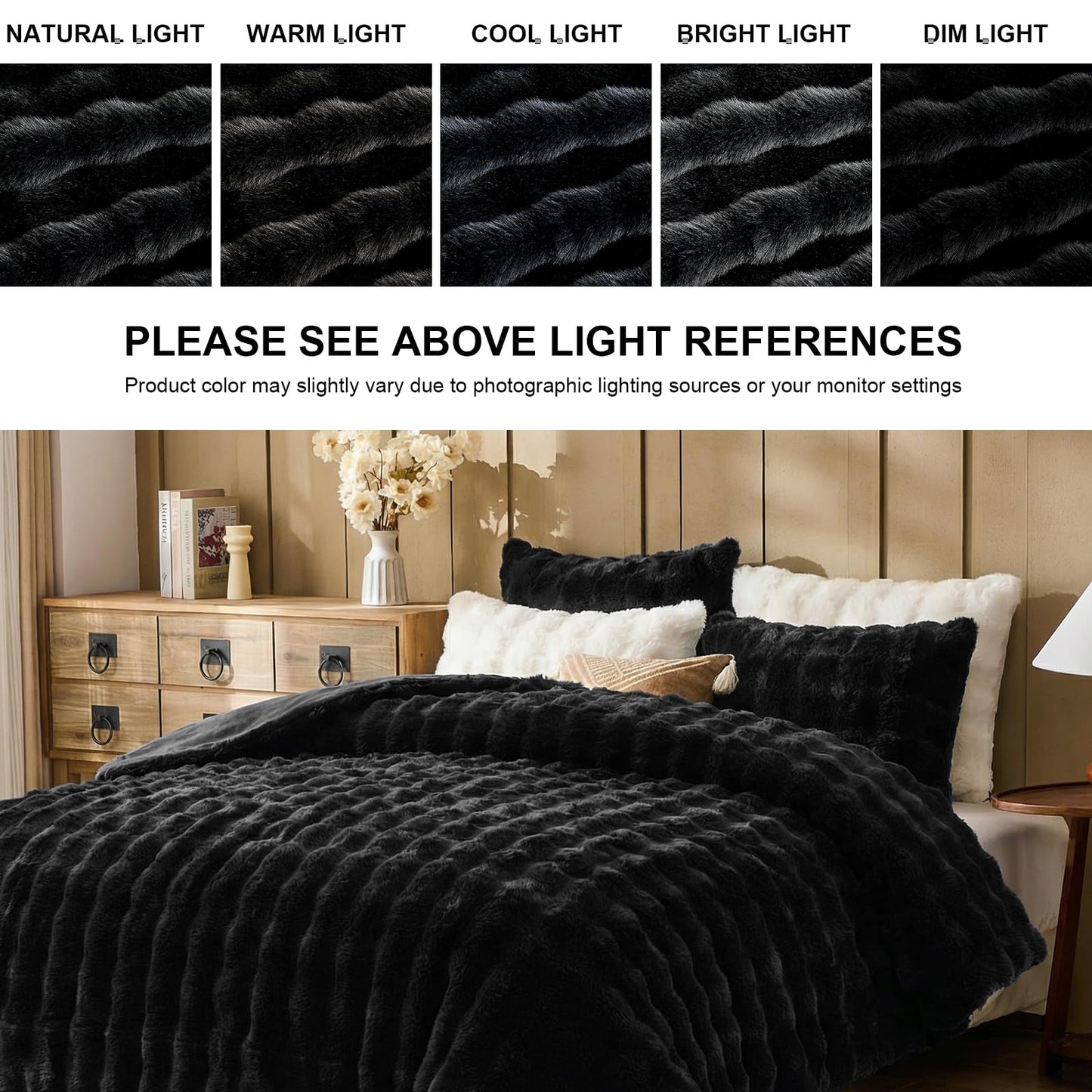 Lotus Karen Faux Fur Comforter Set Queen – Black Fluffy Big Bubble Faux Rabbit Fur Winter Comforter Sets, Warm Cozy Fuzzy Bed Set 3 Pieces, 1 Comforter and 2 Pillowcases
