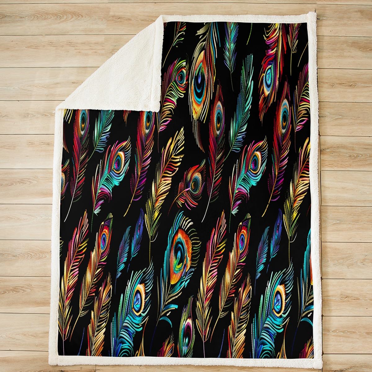Feather Print Fleece Throw Boho Style Plush Sherpa Blanket for Sofa Couch Bed Women Peacock Bird Feathers Element Bohemian Design Warm Fuzzy Room Decor Throw 50"x60"