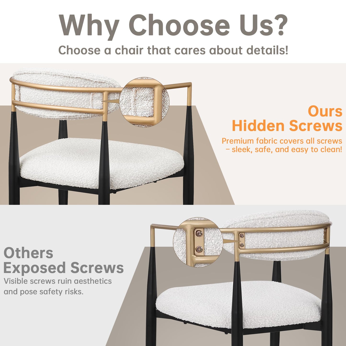 Morden Fort Modern Dining Chairs Set of 2, Cream Boucle Dining Chairs with Upholstered Cushions and Gold Arms for Kitchen, Living Room and Apartment