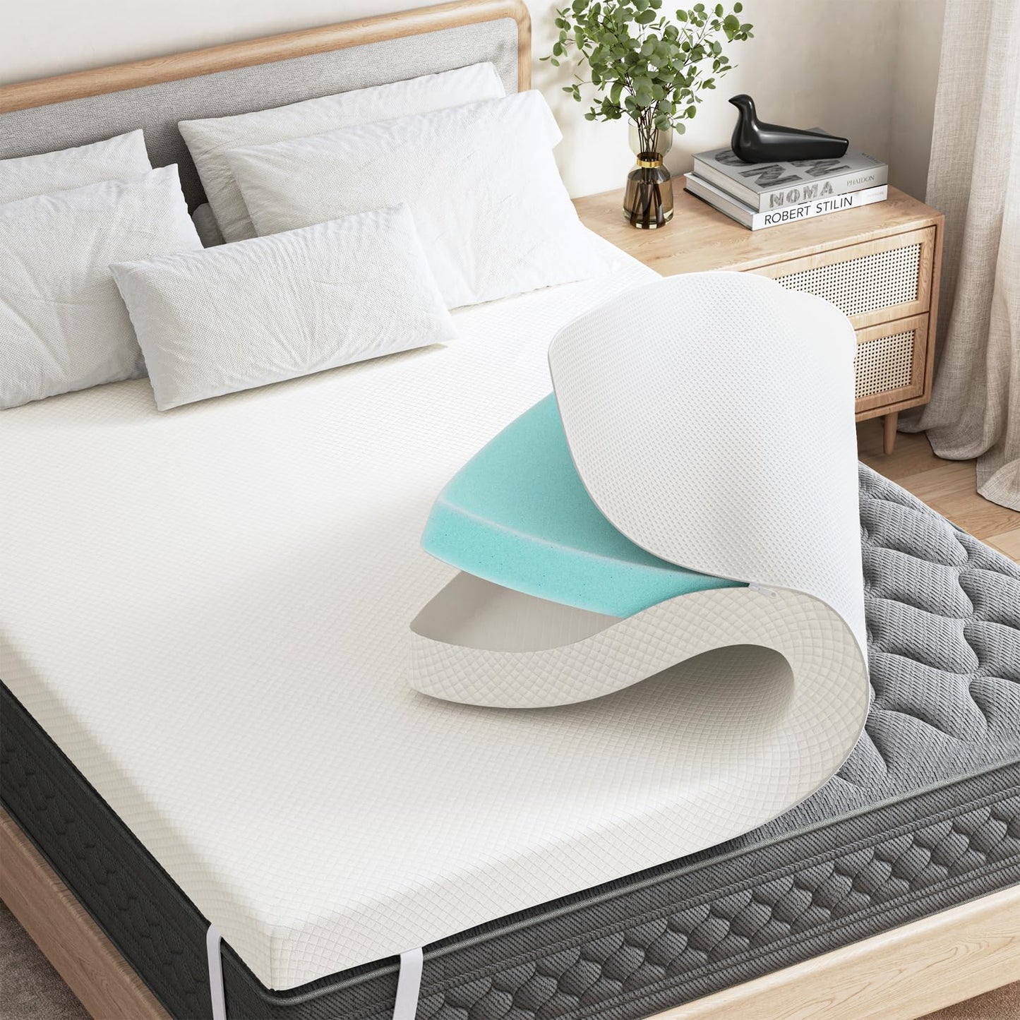 Sweetcrispy Memory Foam Mattress Topper Queen with Removable Soft Cover, 2 Inch Thick Gel Infused Cooling Toppers Pad for Queen Size Bed, Sleeper Sofa, RV, Camper, CertiPUR US Certified, Ventilated