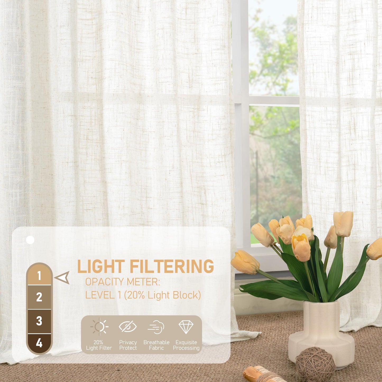 LAMIT Linen Semi Sheer Curtains 63 Inch Length 2 Panels, Light Filtering Neutral Window Bedroom Curtains Farmhouse Boho Bronze Grommet Drapes for Living Room/Dining Room, Cream, 34 x 63 Inch