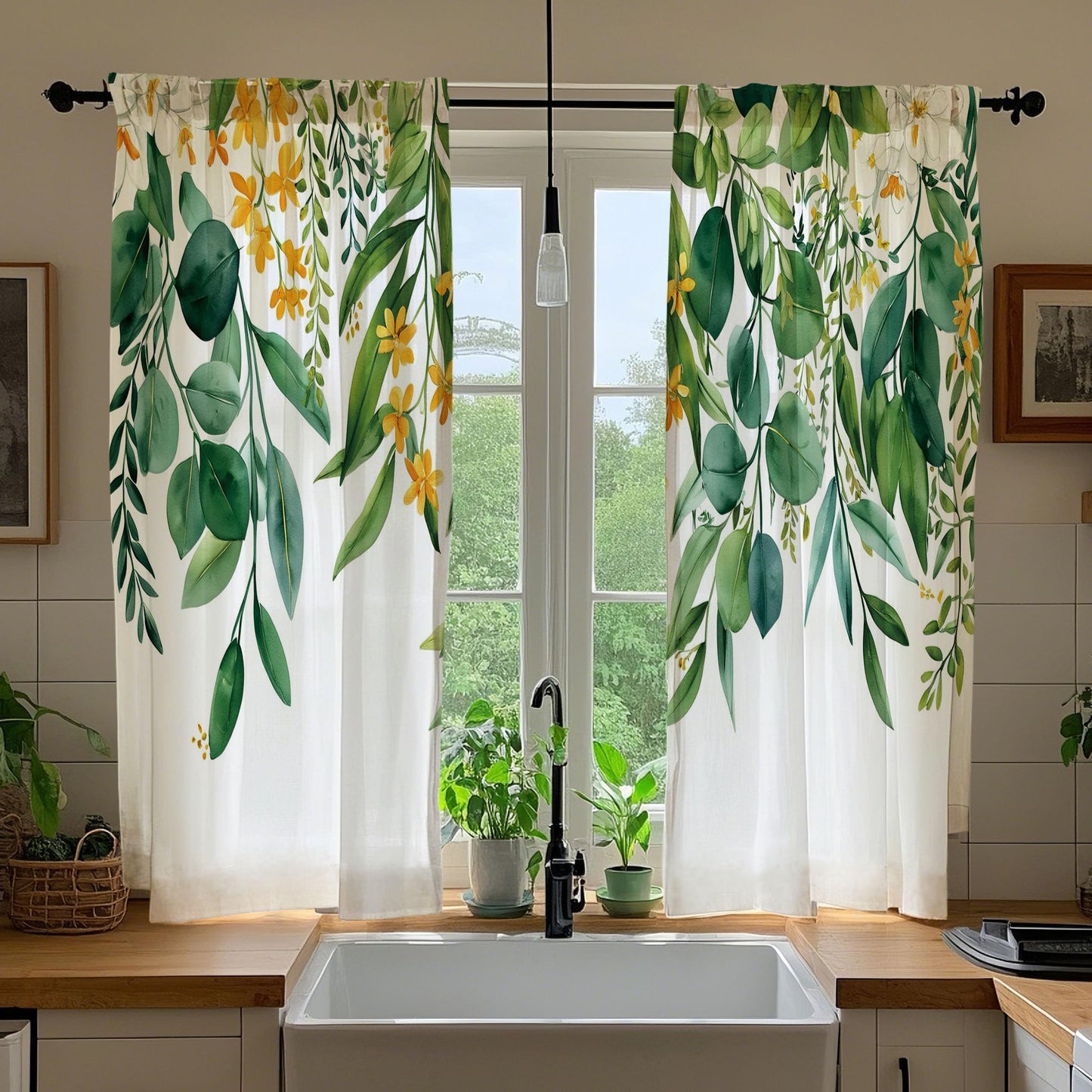 Opeoddie Eucalyptus Leaves Kitchen Curtains 2 Panels Sage Green Plant Botanical Vintage Farmhouse Boho Floral Small Short Cafe Tiers Curtain Bathroom Window Treatment Drapes 26x36 Inch