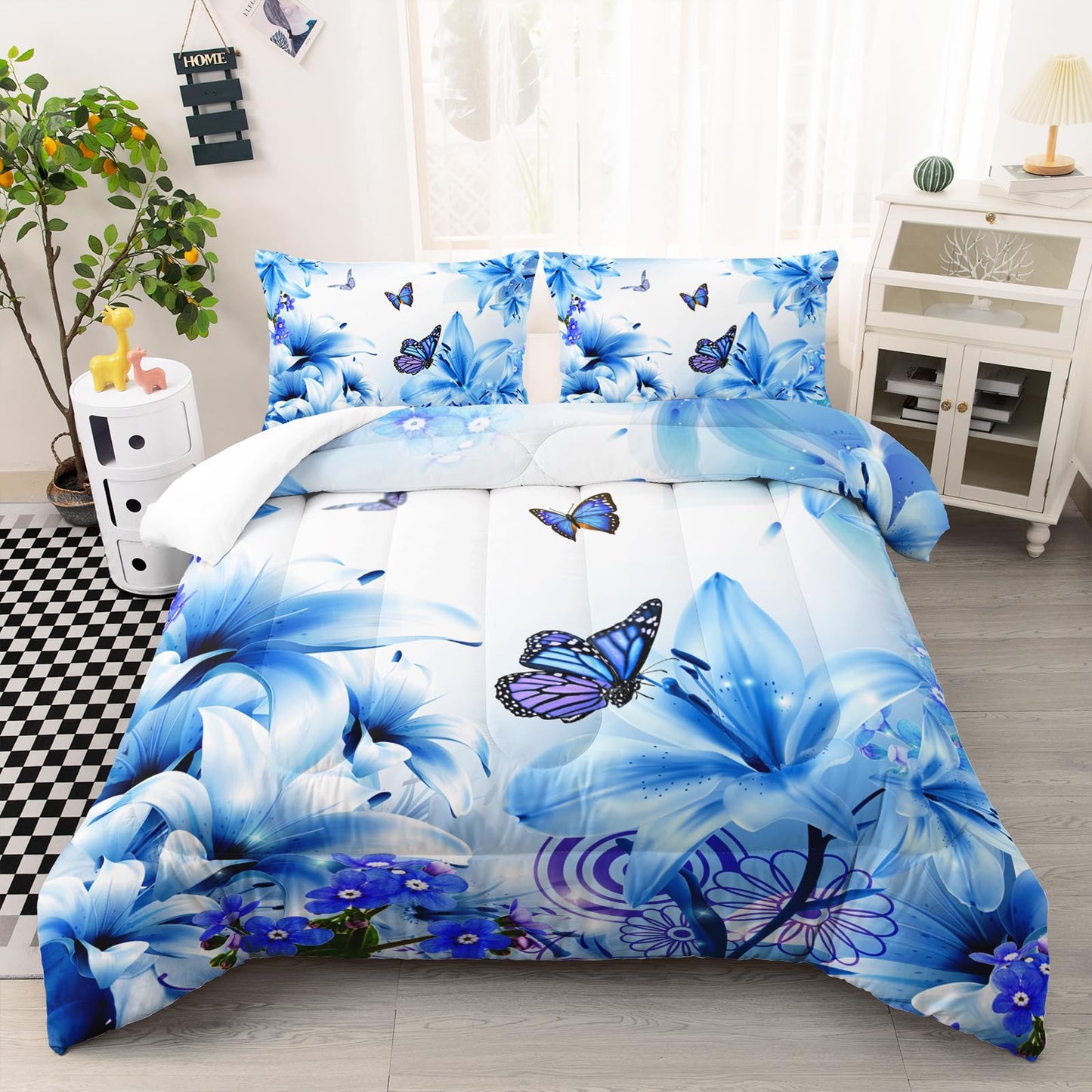 AILONEN Blue Floral Butterfly Bedding Set - Butterfly Comforter & 2 Pillowcases Queen Size - Beautiful Flower Teen Bedding Sets for Girls Women 3 Pieces Soft