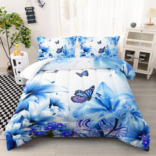 AILONEN Beautiful Butterfly Comforter Set Full Size, Blue Floral Butterfly Bedding Set for Kids Girls Women Room Decor,3Pcs Soft Breathable Duvet and 2 Pillowcases