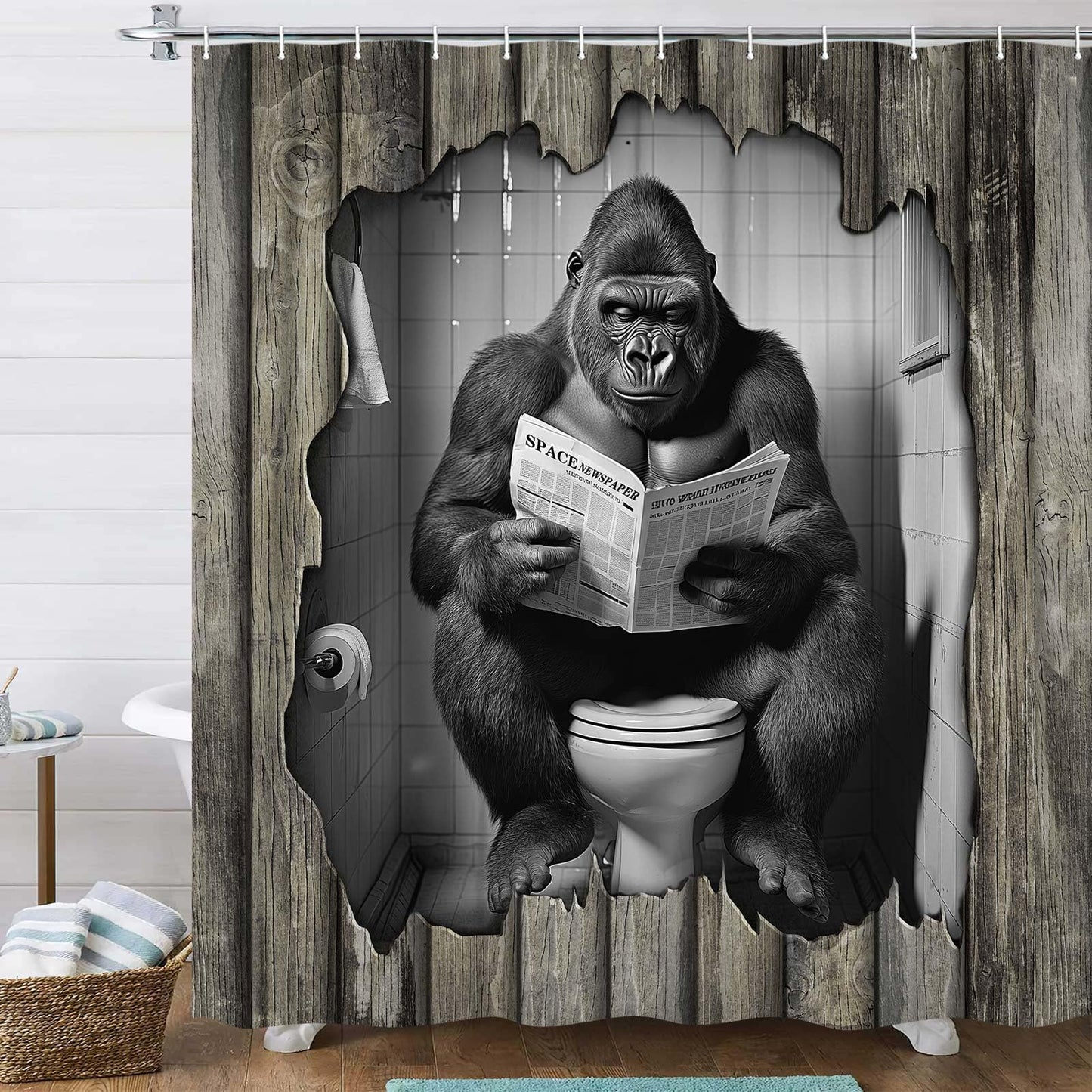 Funny Shower Curtain,Gorilla Sitting on Toilet Reading Newspaper - Rustic Animal Print Bath Curtain Waterproof Shower Curtains for Men, Wooden Teen Boys Humorous Bathroom Decor (12 Hooks Included)