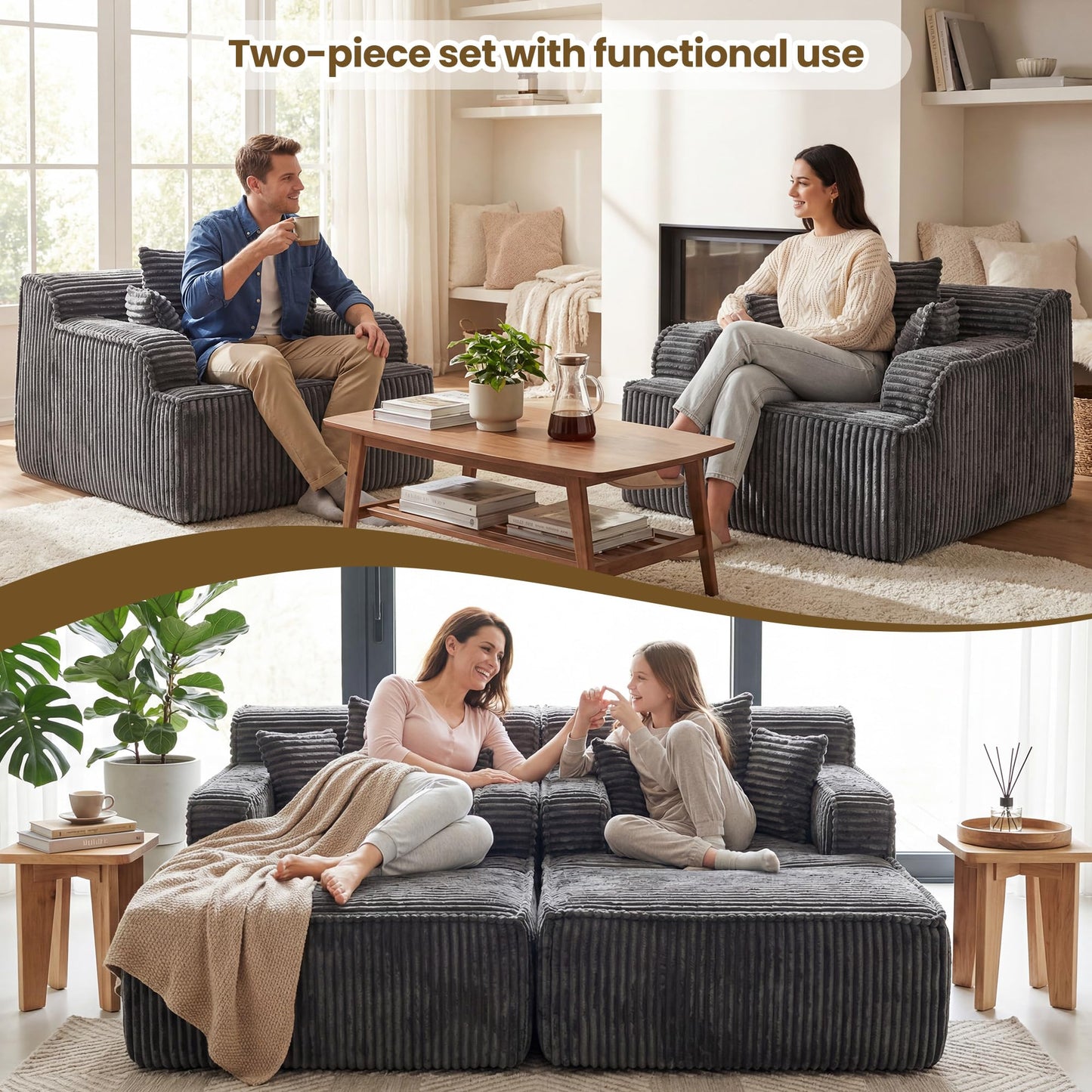 feliz home Chaise Lounge Chair Indoor,Boneless Chair with Ottoman,Comfy Reading Chair for Adults,Small Sofa Bed Couch for Living Room,Single Sleeper Chair Bed,Grey
