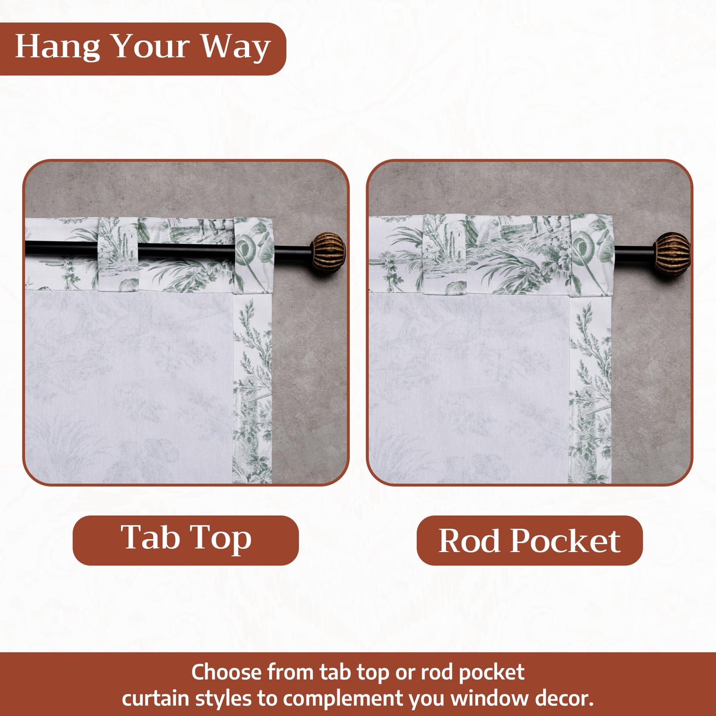 Maison d' Hermine Curtains for Living Room 100% Cotton 96 inch Length One Panel Light Filtering Toile Curtains with Rod and Loop Pockets (The Miller Antique Green (White Background), 50" W x 96" L)