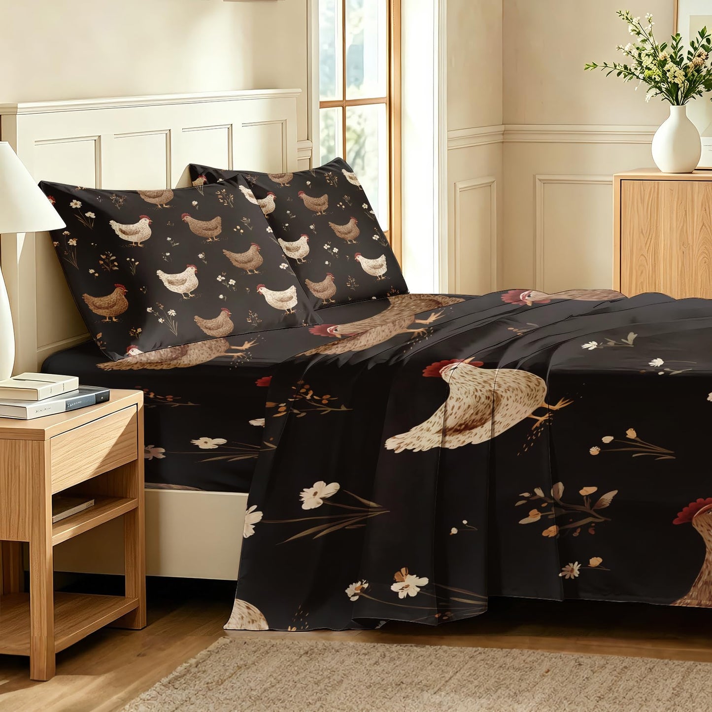 Chicken Full Sheet Set Rustic Farmhouse Flat Fitted Sheet Sets, Brown