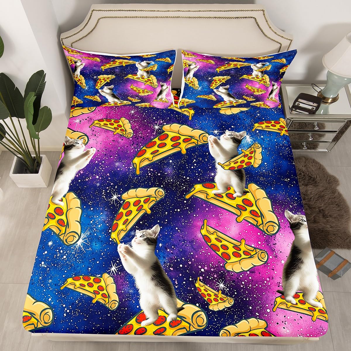 Feelyou Kids Pet Cat Pattern Fitted Sheet Teens Cute Kitten Bedroom Decor for Boys Girls Galaxy Glitter Bedding Set Pizza Print Bed Sheet Set 3D Animal Bed Cover Twin Size