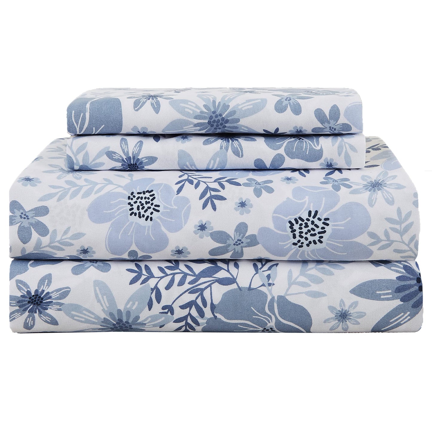 Mooreeke King Size Sheets Set - 4 Piece Soft Breathable Microfiber Bed Sheet Set - Blue & White Flower Pattern Sheet Set King - Deep Pocket Non-Slip Floral Fitted Sheet Included for All Season