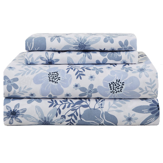 Mooreeke King Size Sheets Set - 4 Piece Soft Breathable Microfiber Bed Sheet Set - Blue & White Flower Pattern Sheet Set King - Deep Pocket Non-Slip Floral Fitted Sheet Included for All Season