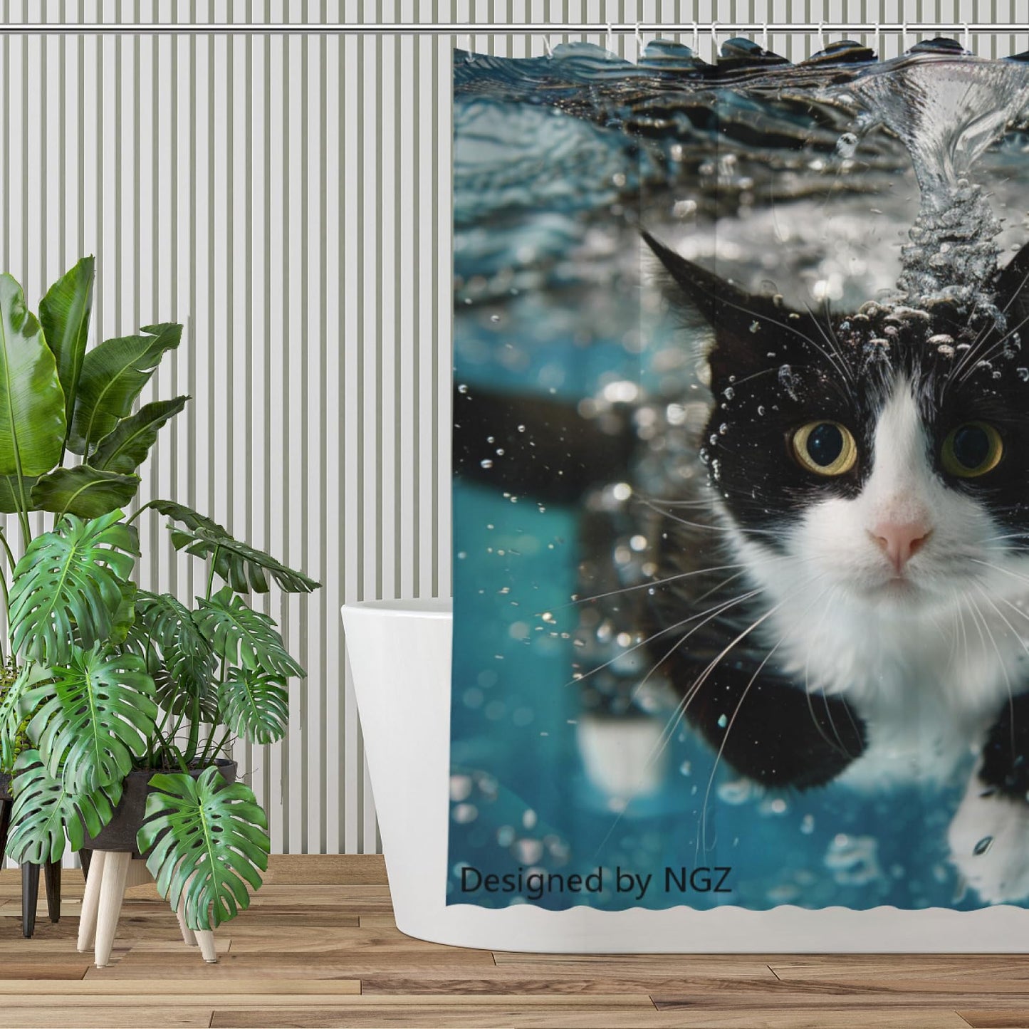 NGZ Swimming Animal Shower Curtain, Underwater Tuxedo_Cat, Sports Theme, Fun Pet Lover Bathroom Curtain, 72x72 Inch Bath Decor with 12 Hooks