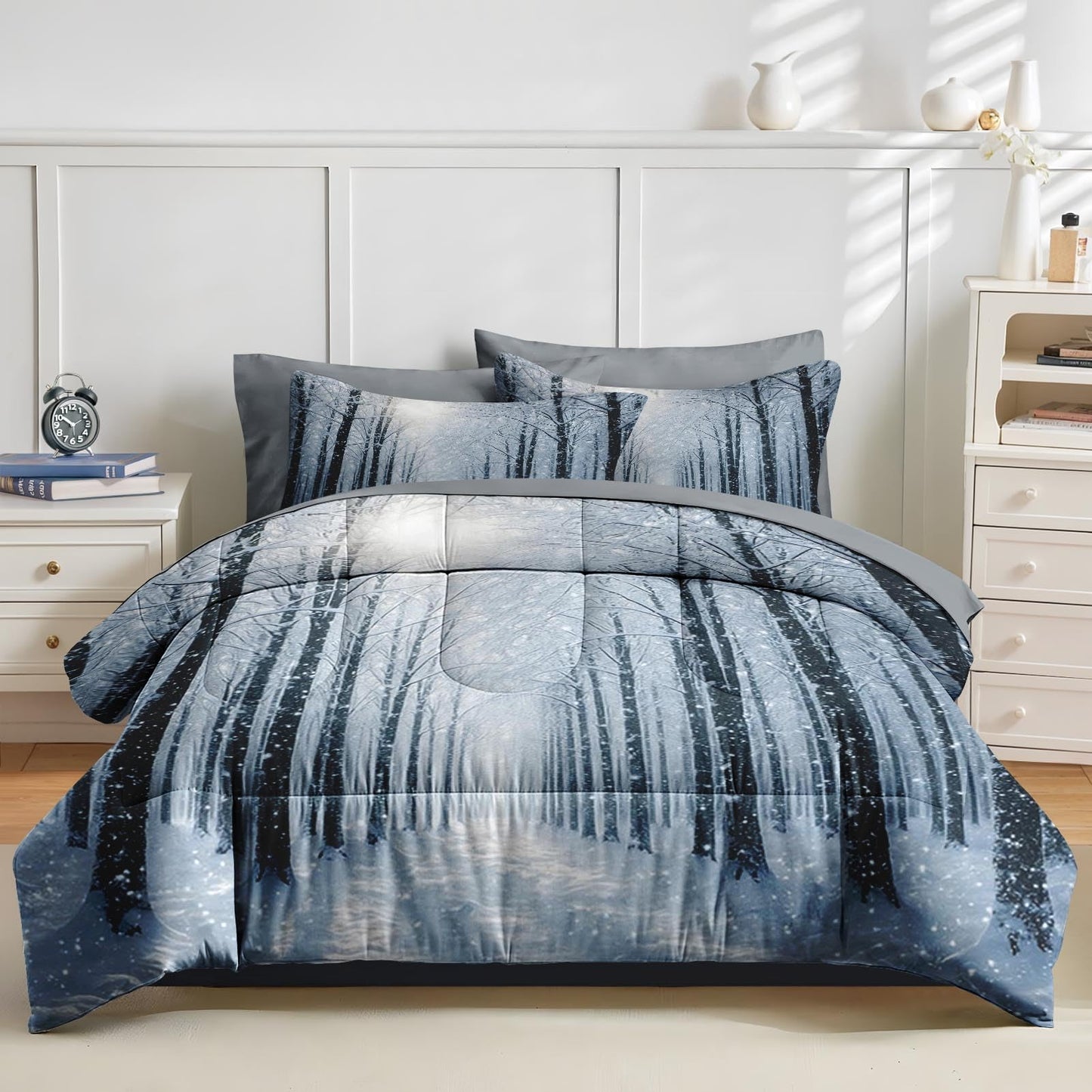 Nesker Christmas Comforter Set Full Size, Snowy Woodland Winter 7 Pcs Bedding for Kids and Adults, Frosted Forest Bed Sheet Sets with Fitted Sheet 2 Pillowcases & 2 Shams