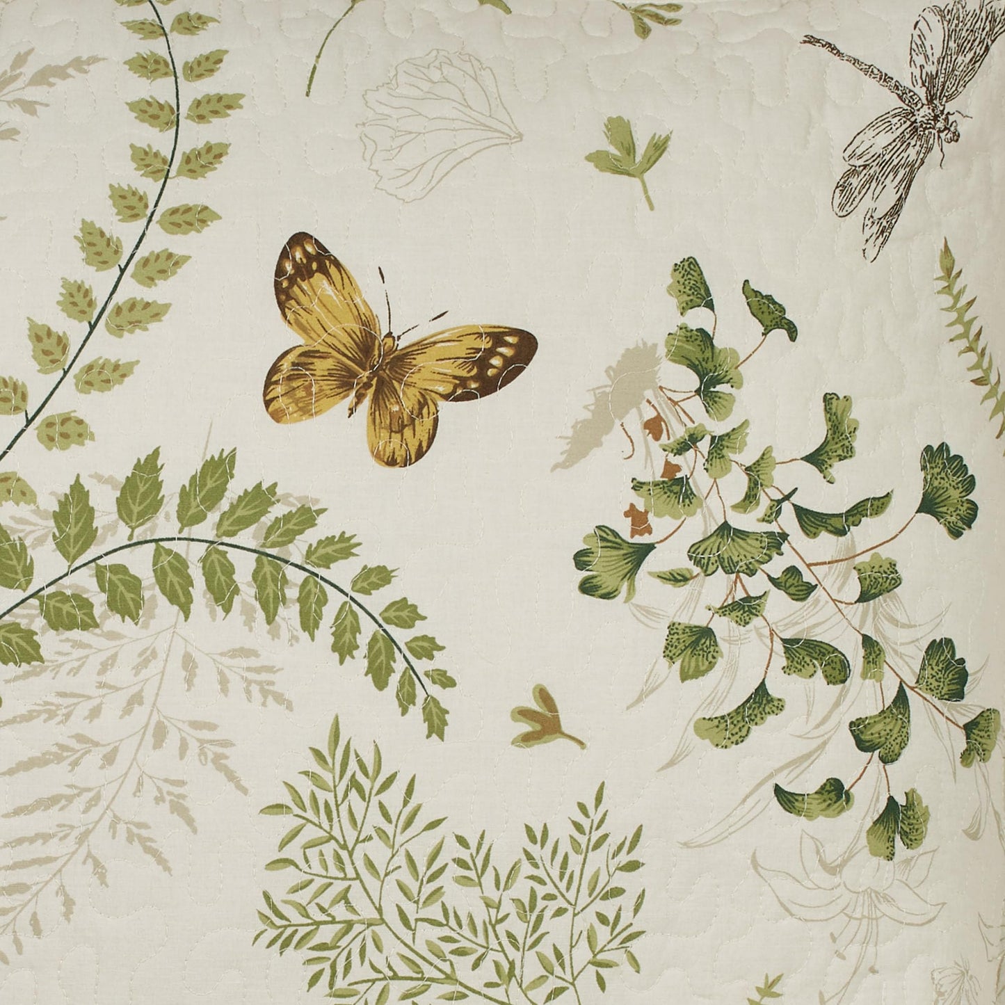 Butterfly Eden Reversible Quilted Oversized Bedding | Nature Medallion Butterfly Dragonfly Fern Leaves | Eggshell, Golden Yellow, Green | 3 Piece Set Includes: Queen Bedspread and 2 Standard Shams