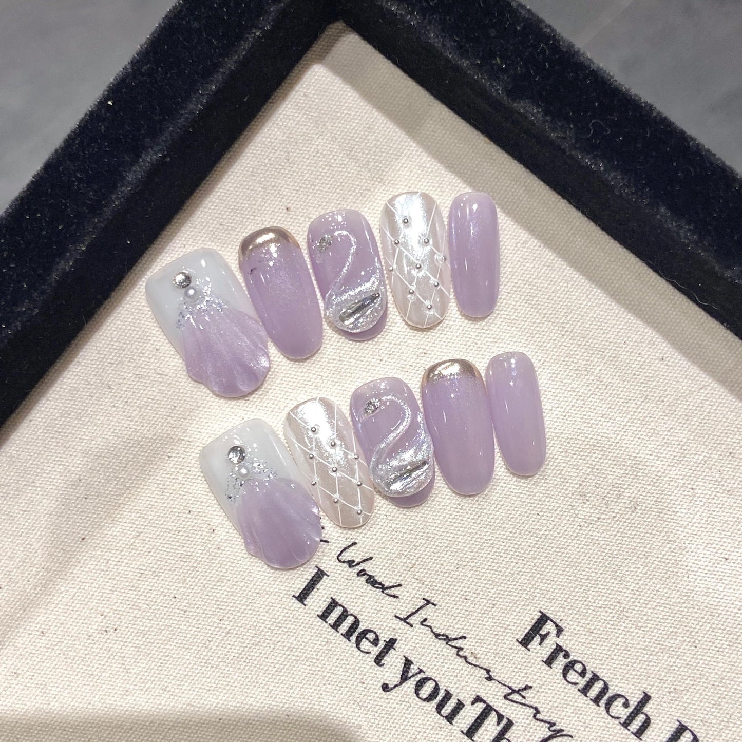 NLSJMP Handmade Press on Nails,Reusable False nails,Acrylic Fake Nails Kit,Luxury glitter pearl purple white silver rhinestone Design Nail Art Kit,Include Toolkit,10pcs,Size L，#1991