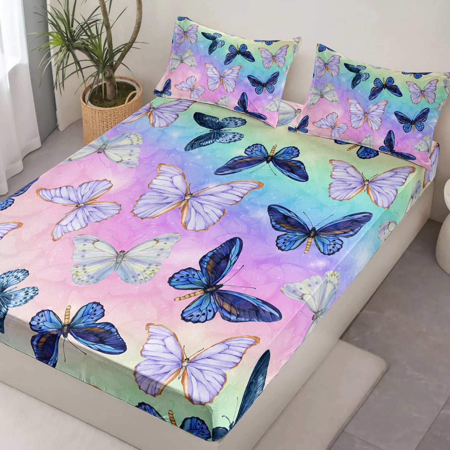 HOSIMA Butterfly Fitted Sheet Set for Girls & Boys, Rainbow Watercolor Tie Dye Coquette Bedding, Blue & Purple Butterfly Queen Size with 2 Pillowcases