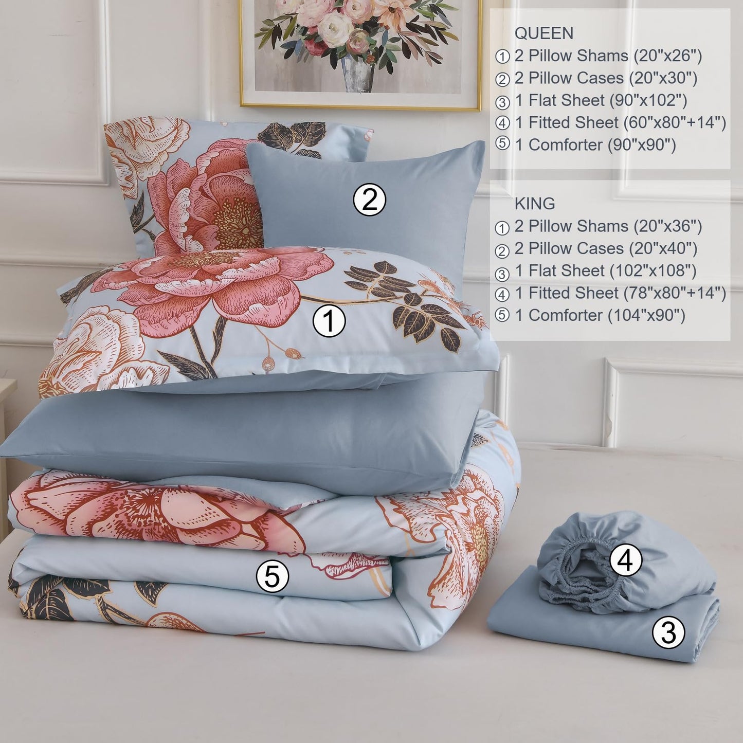 Luxudecor Blue Pink Floral Queen Comforter Set 7 Pieces Bed in a Bag,Pink Flower Print on Blue Bedding Set,Soft Reversible Comforter with Sheets 90"x90"