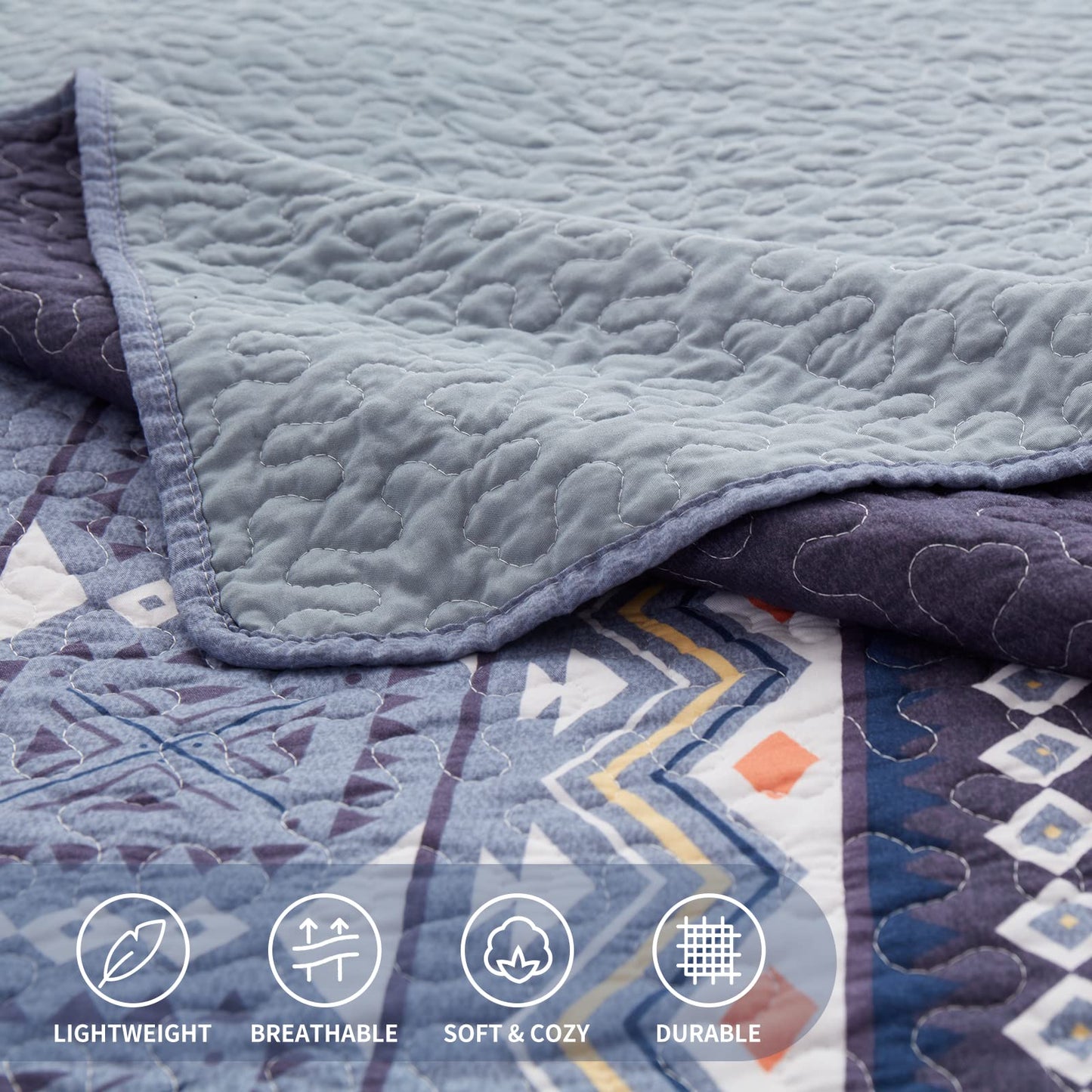LEAONME Quilt Set King Size Bedspread 3 Piece Coverlet Lightweight Comforter Microfiber Bedding Set All Season Oversized 98x106 Inch Bed Cover Bohemian Patchwork Navy Blue(1 Quilt, 2 Pillow Shams)