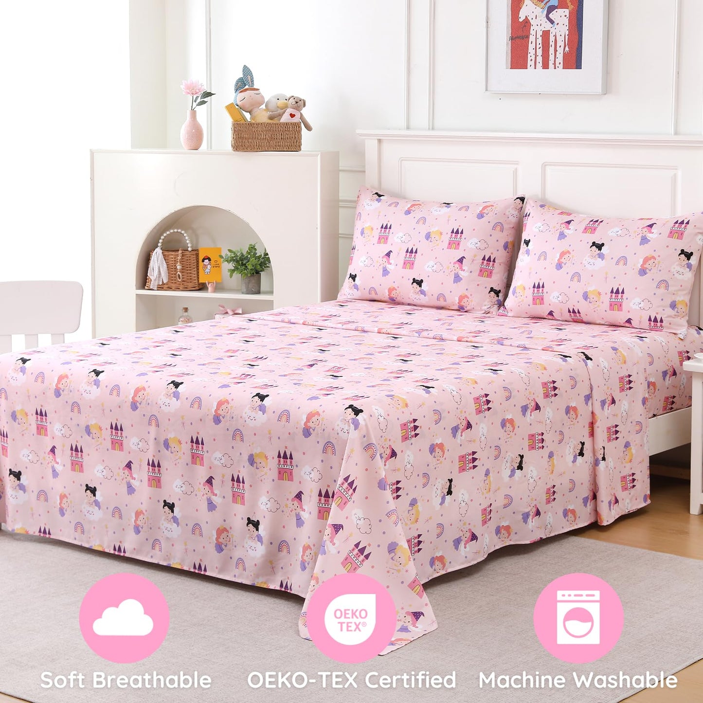 MCO Twin Sheets Set Kids, Soft Microfiber Bed Sheet Set for Boy Girls, 3 Pieces Breathable Twin Sheets Pink Fairy Castle