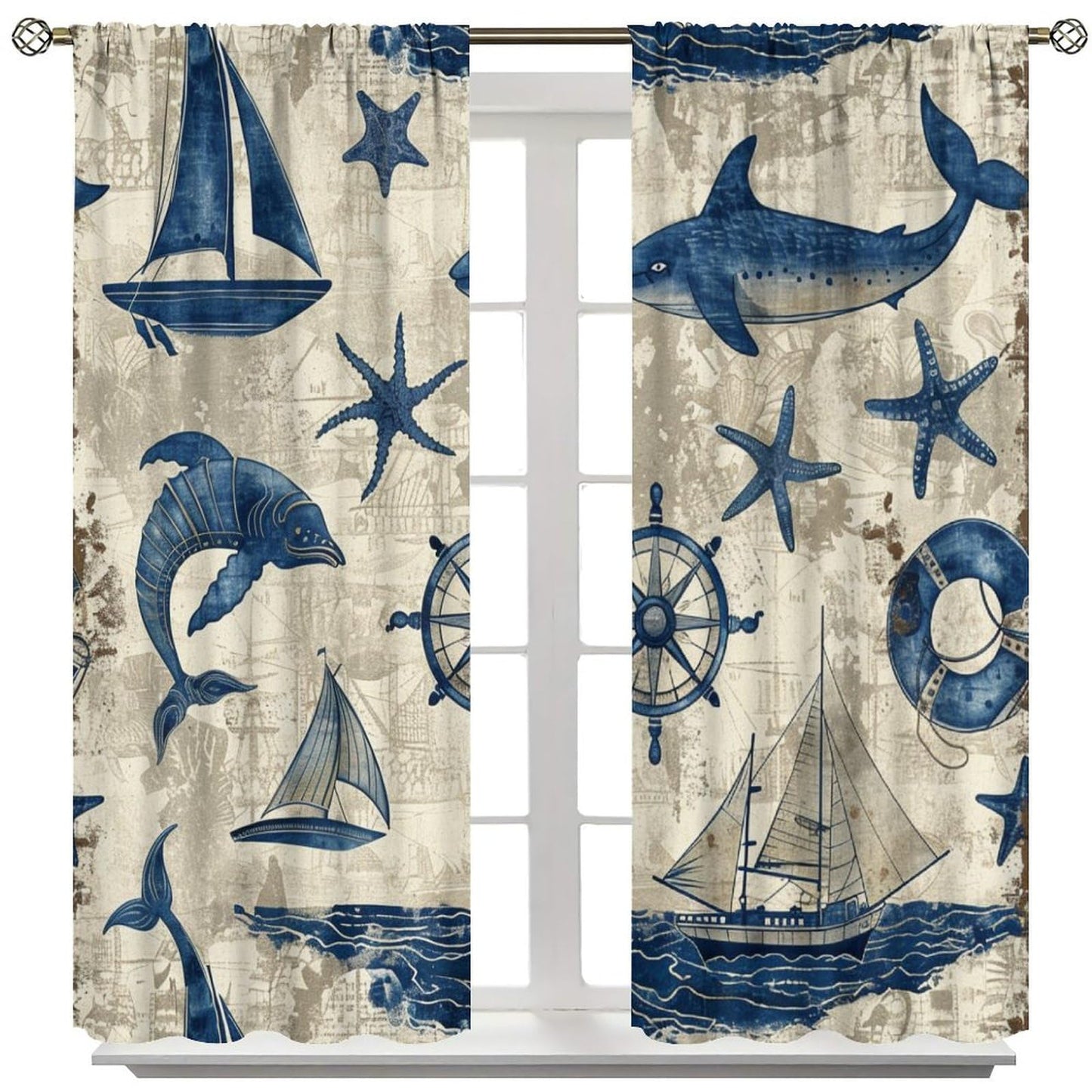 TOWINSFB Compass Sailboat Shark Blackout Curtains, Retro Nautical Ocean Starfish Home Decor Rod Pocket Window Drapes for Living Room Bedroom - 42" W x 45" L