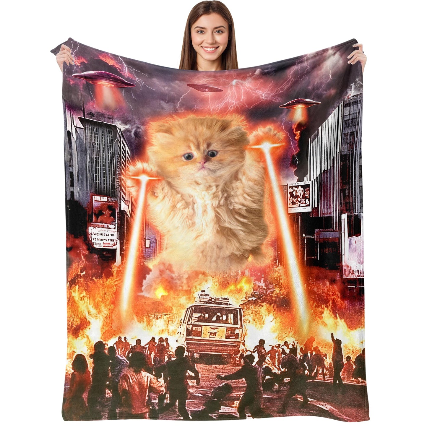 kampdream Funny Cat Flannel Blanket, Catzilla Giant Laser UFO Sci-Fi City Attack Blanket, Super Soft and Warm for Couch Sofa Living Room Unique 50×60 inch