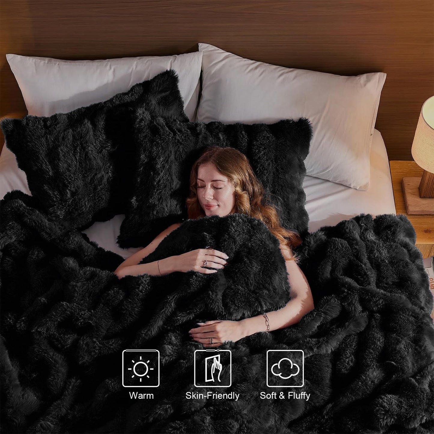 Lotus Karen Faux Fur Comforter Set Queen – Black Fluffy Big Bubble Faux Rabbit Fur Winter Comforter Sets, Warm Cozy Fuzzy Bed Set 3 Pieces, 1 Comforter and 2 Pillowcases